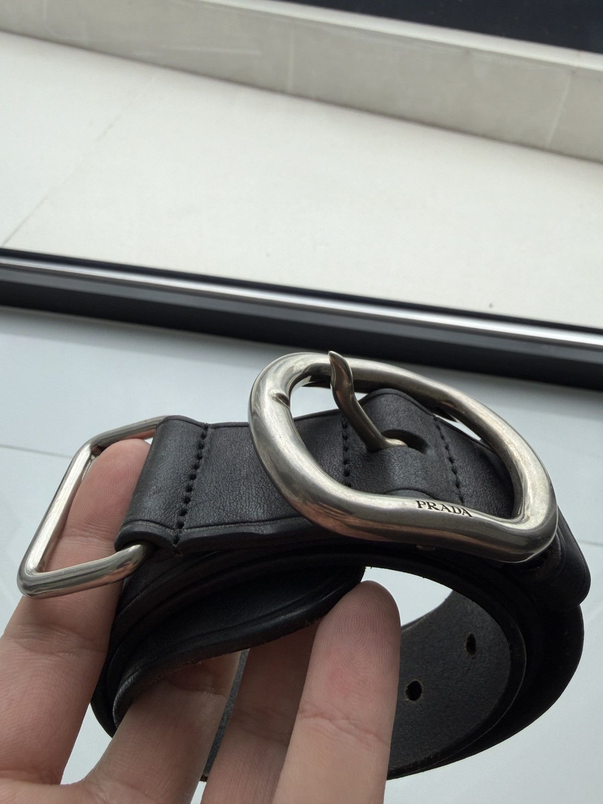 Prada Prada 2010s Black Leather Belt w/ Heavy Silver Buckle Size 30 - 2 Thumbnail