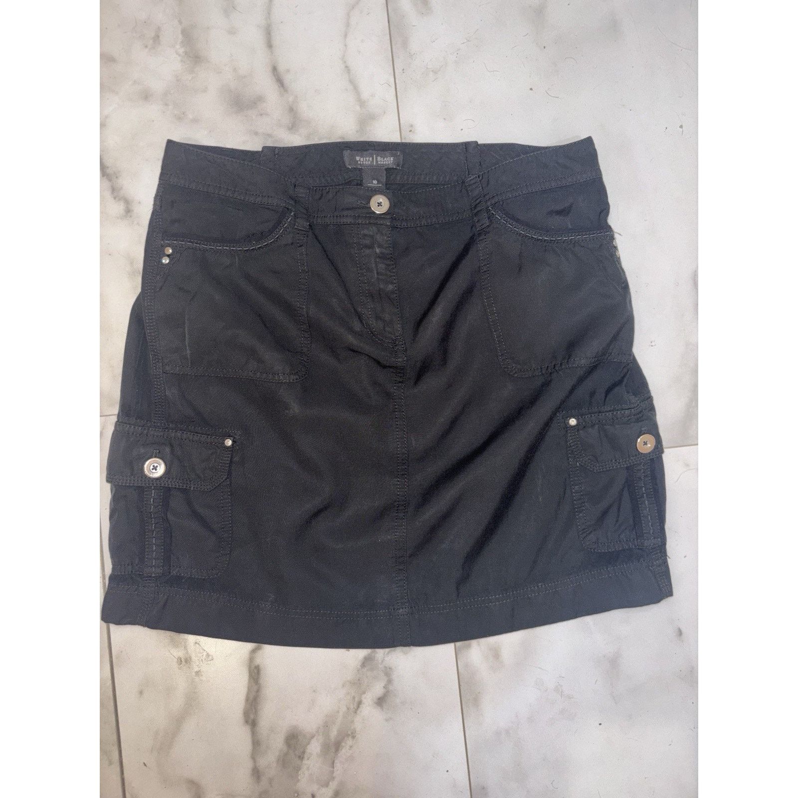White House Black Market Y2K Black Cargo Mini Skirt Silver Hardware Pockets Goth Sz M Size 29" - 7 Thumbnail