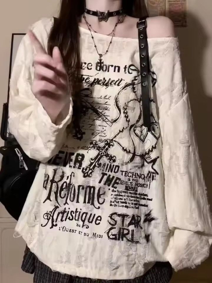 Japanese Brand Grunge Distressed Off-Shoulder Graphic Longsleeve Size S / US 4 / IT 40 - 3 Thumbnail