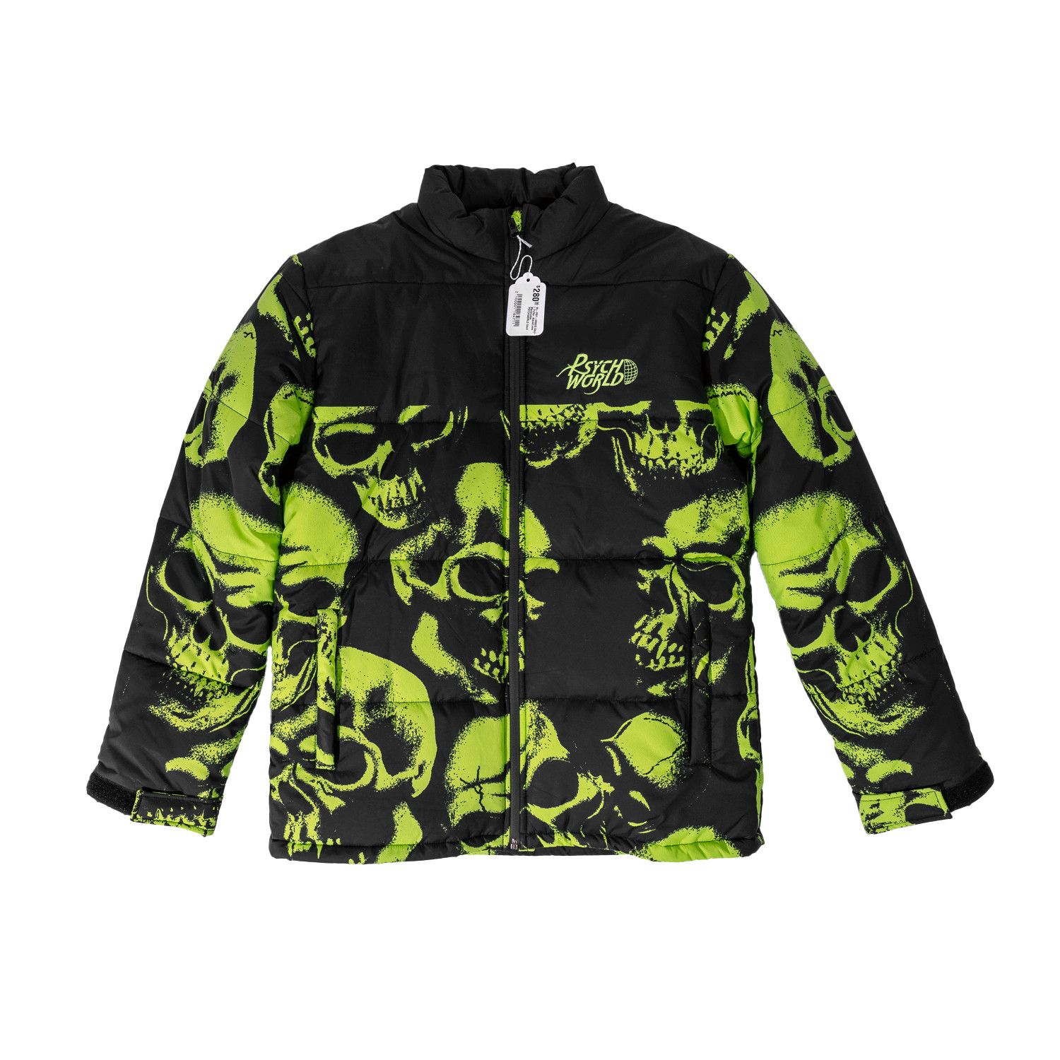 image of Psychworld Skull Print Puffer Jacket in Black, Men's (Size Small)