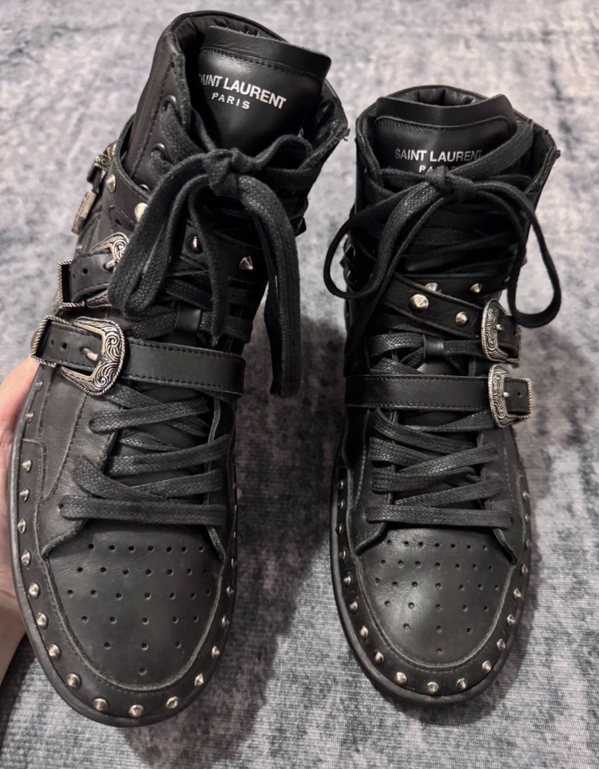 Saint Laurent Paris Saint Laurent "Black Knight" Studded Strap Brogue Sneakers Size US 7 / EU 40 - 1 Thumbnail