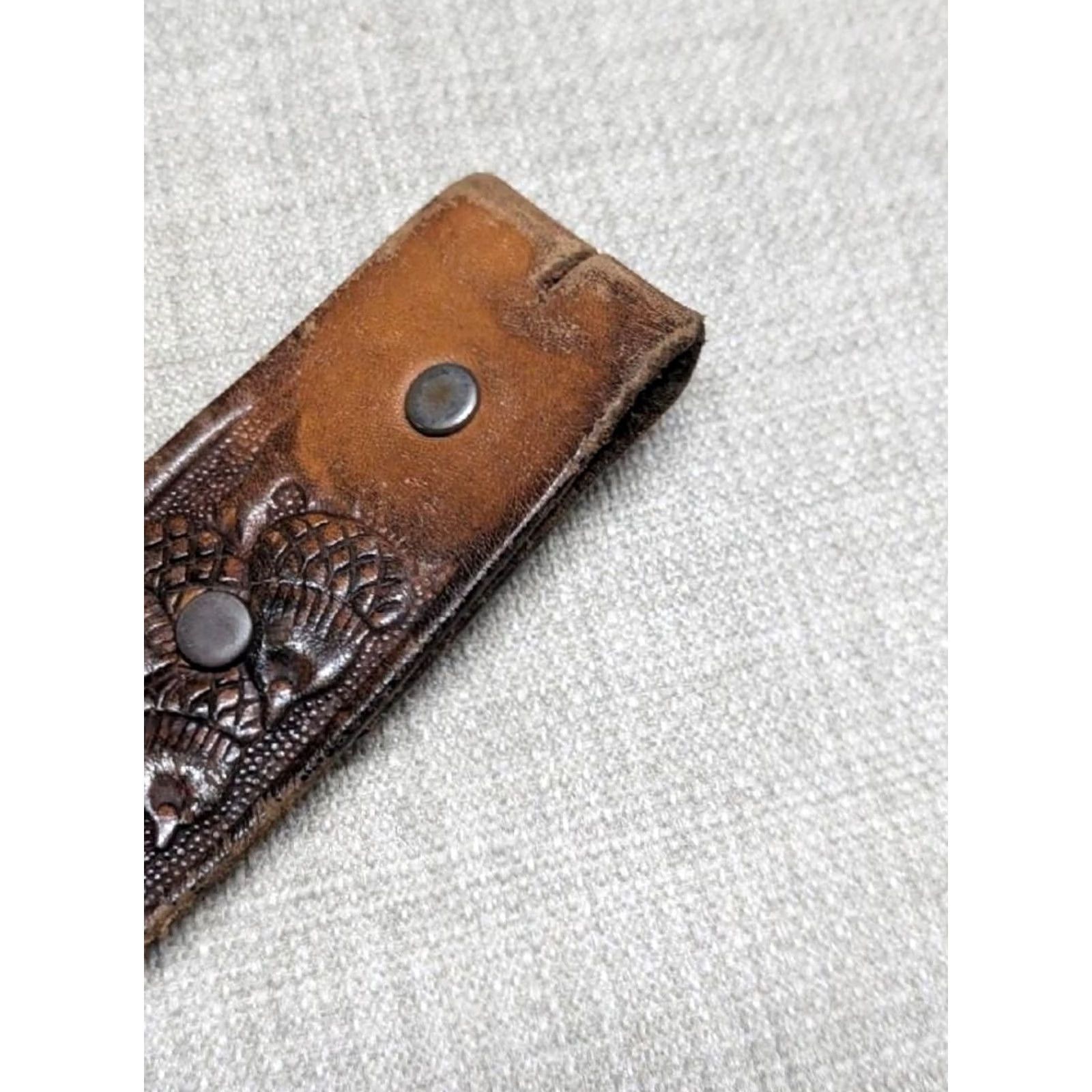 Vintage VINTAGE handcrafted ACORNS belt Tooled western buckle 1-3/8" cowhide leather brown 30 Men Belt Size 30 - 6 Thumbnail