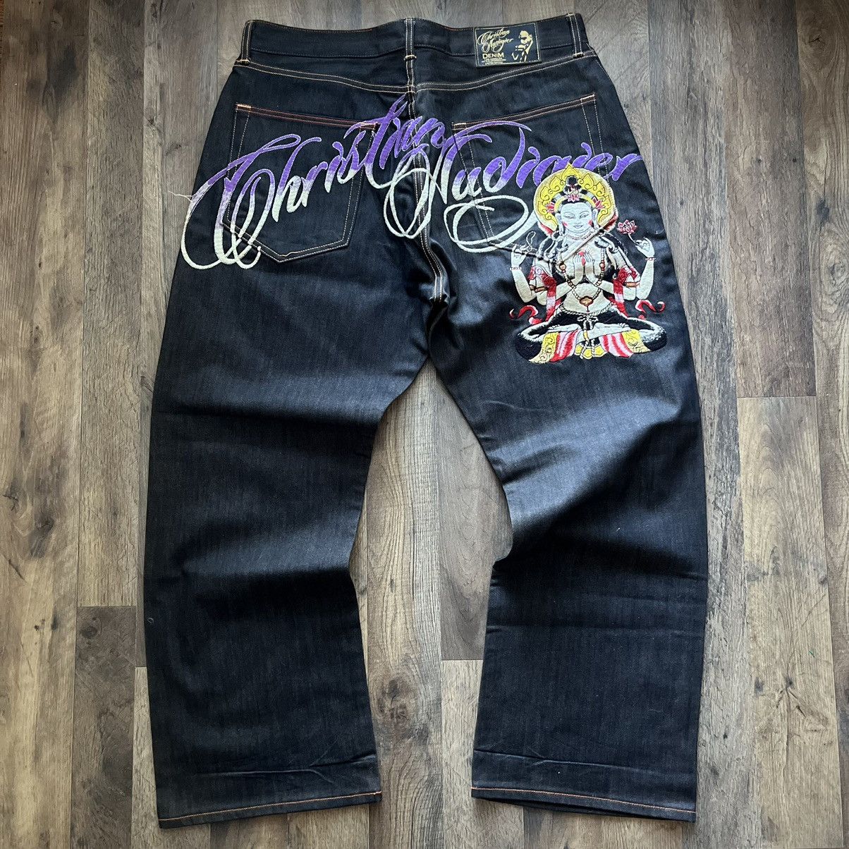 Image of Crazy Y2K Christian Audigier Ed Hardy Style Selvedge Denim in Purple, Men's (Size 40)