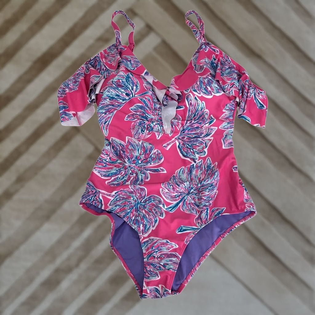 Vintage Marilyn Monroe One Piece Pink Tropical Monstera Leaf Ruffle Spaghetti Strap L Womens Sized XL Size ONE SIZE - 1 Thumbnail