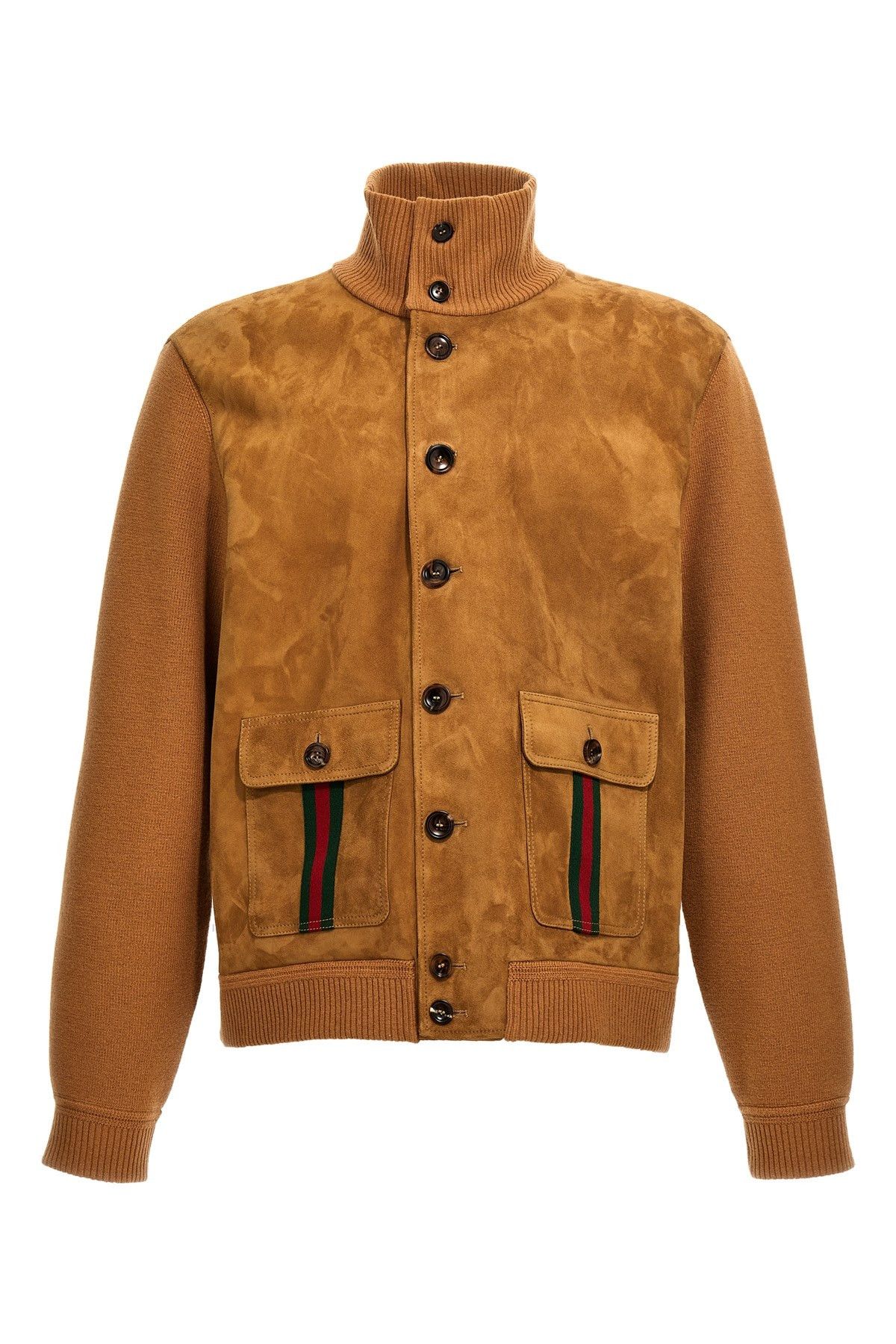 image of Gucci Suede Bomber Jacket With Web Details in Beige, Men's (Size XL)