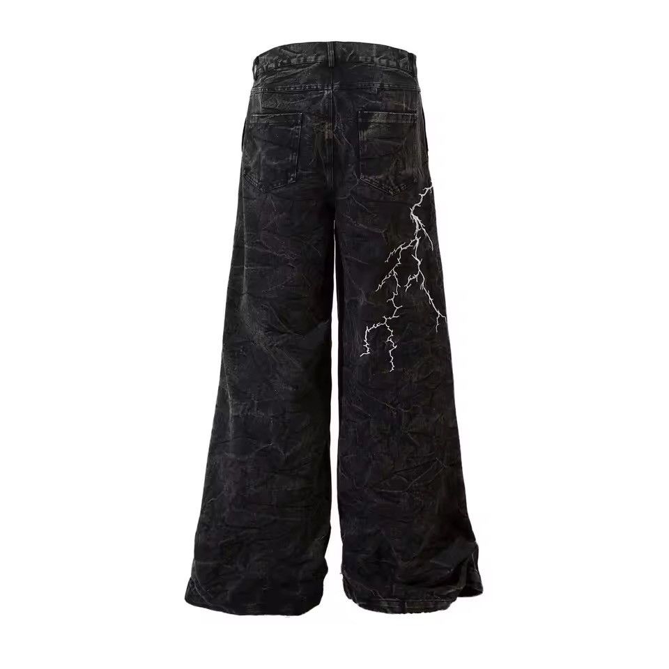 Jean Washed Embroidered High Street Wide Leg Loose Jeans Size US 34 / EU 50 - 4 Thumbnail