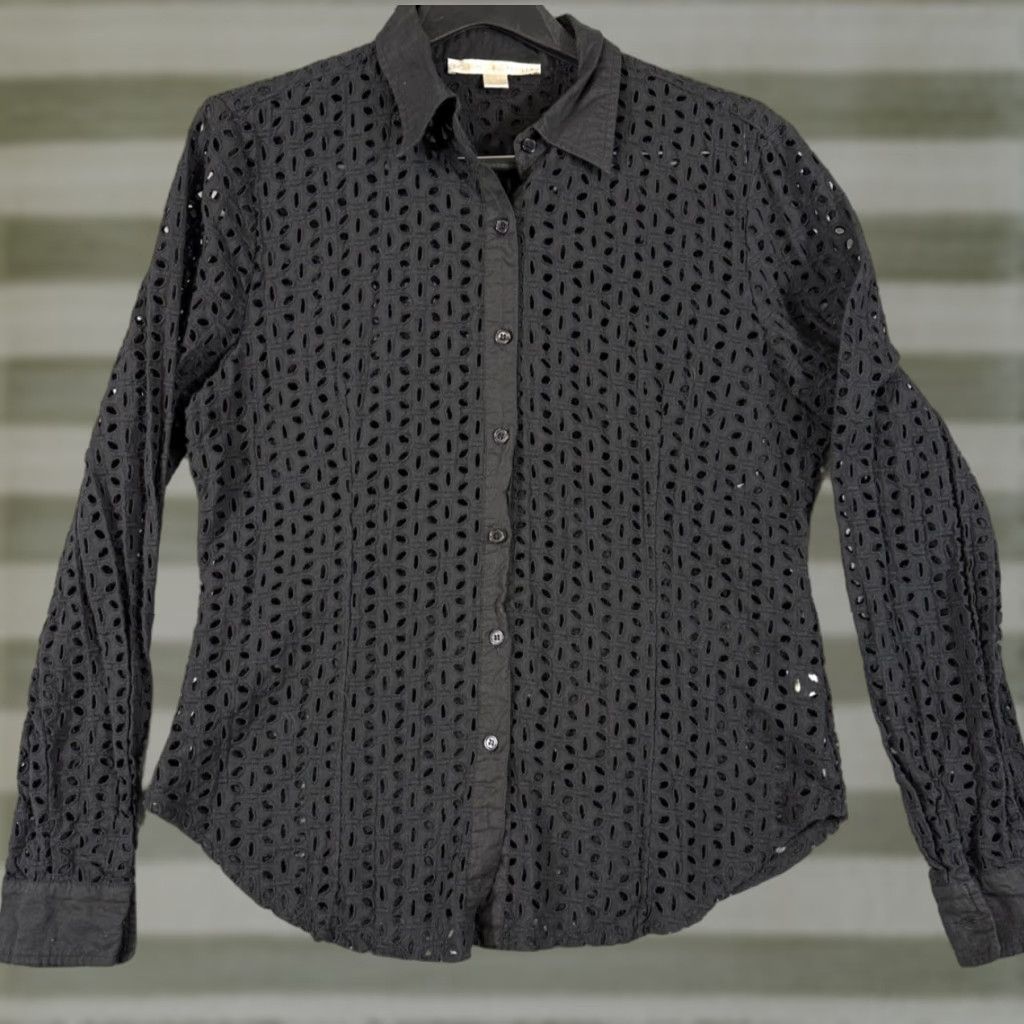 Boston Proper VINTAGE Boston Proper Lattice Shirt Womens 18 Black Cotton Button Up Eyelet Embroidered Long Sleeve Size XXL / US 16-18 / IT 52-54 - 1 Thumbnail