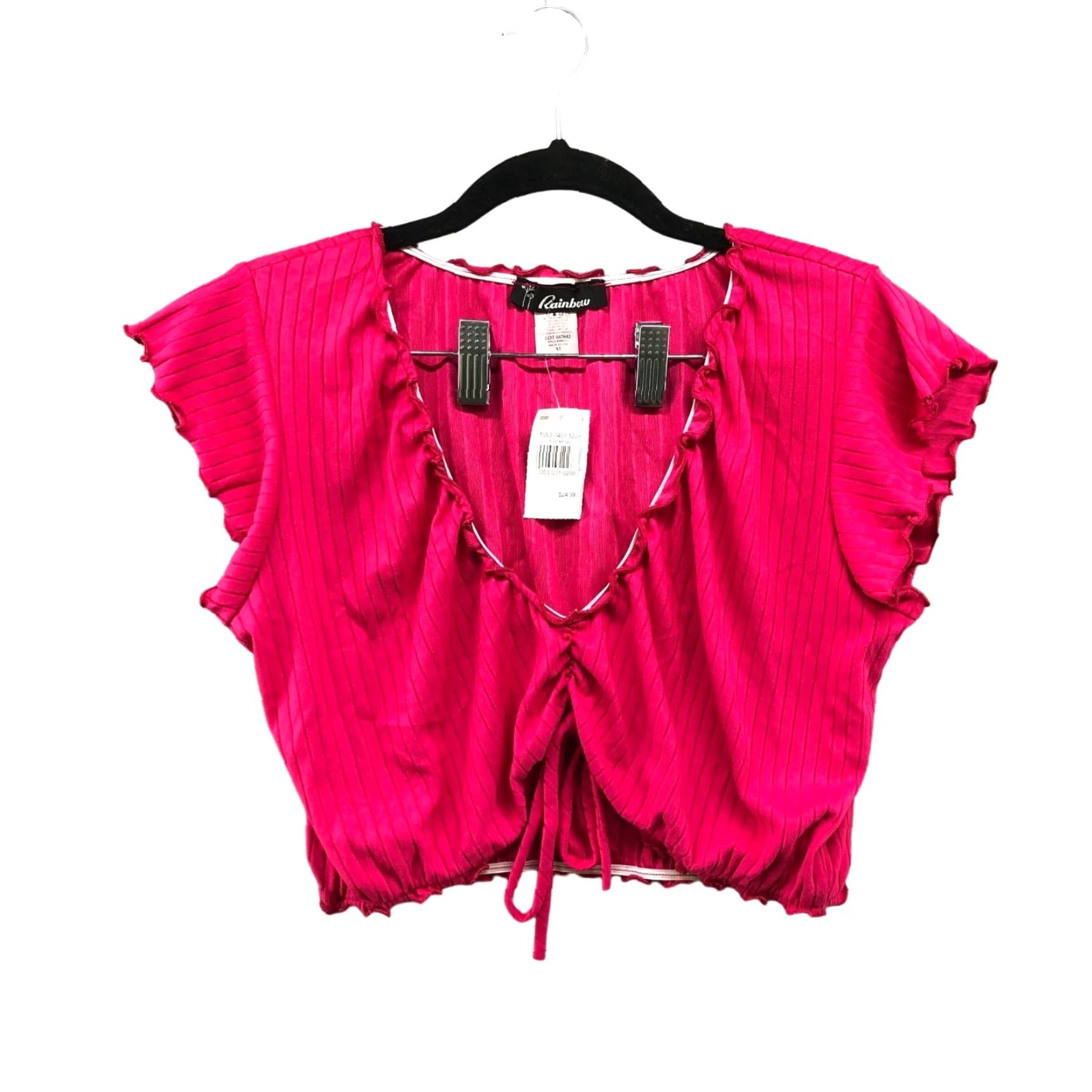 Rainbow NWT Rainbow Pink Ribbed Ruffle Drawstring Gathered Front Crop Top V-neck Tee XL Size XL / US 12-14 / IT 48-50 - 2 Thumbnail