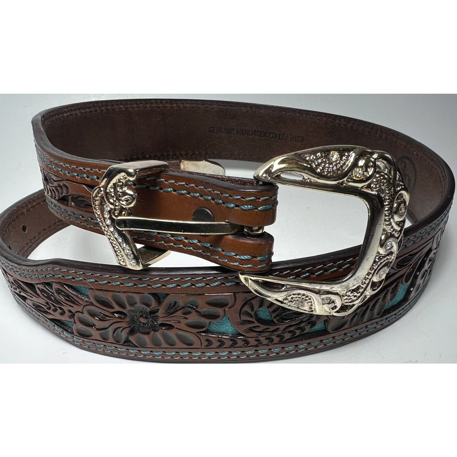 Vintage VINTAGE 3D Tooled Leather Belt Removable Silver Buckle Floral Turquoise Inlay S/M Women's Brown 3D Western Leather Cowgirl Buckle Swap 35.5” Size ONE SIZE - 2 Thumbnail