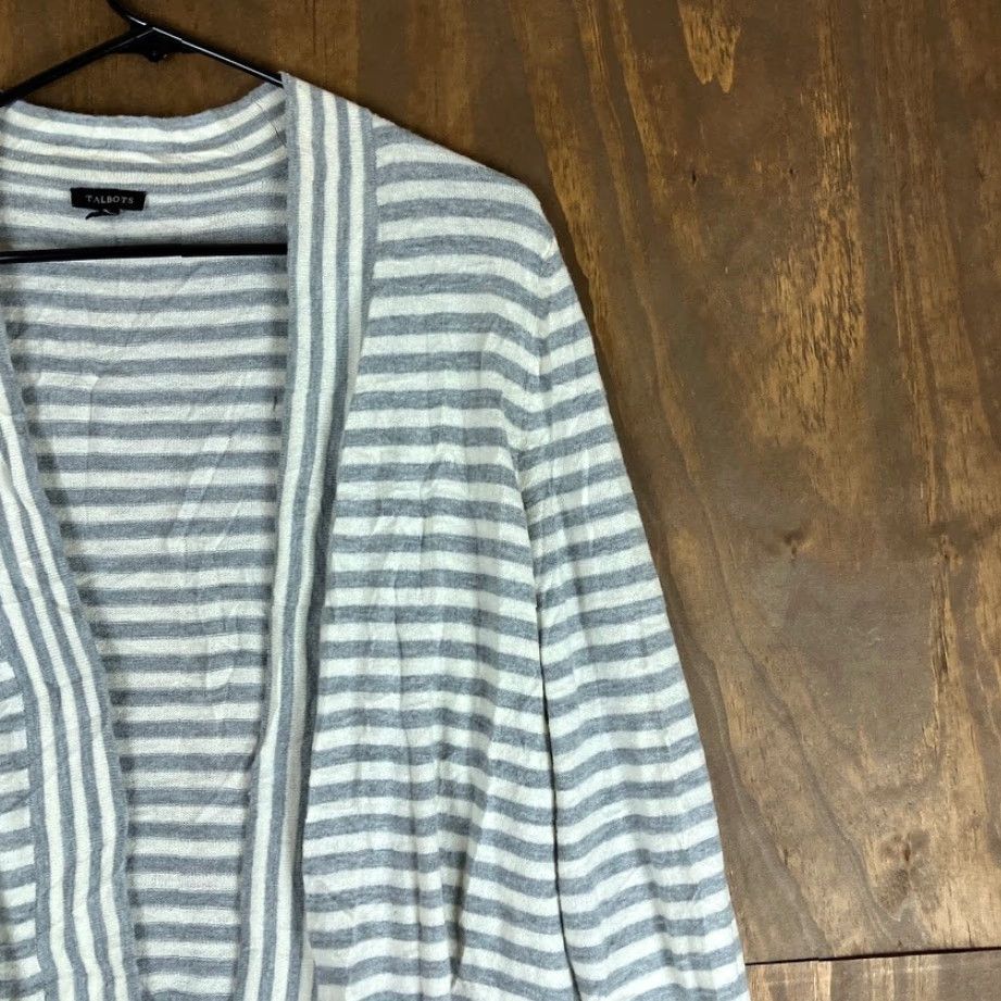 Talbots Talbots Womens Sweater White Gray Striped Open Front Cardigan Lambs Wool Blend L Knit Style Cardigan Women Open Front Knitwear Casual Formal Workwear Size L / US 10 / IT 46 - 5 Thumbnail