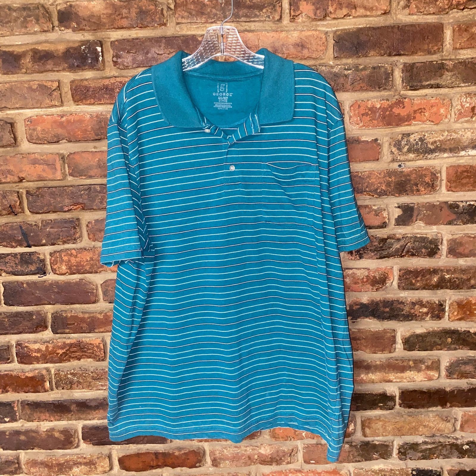 George George Teal Blue Stripe Short Sleeve Collared Polo Shirt 2XL Size US XXL / EU 58 / 5 - 1 Thumbnail