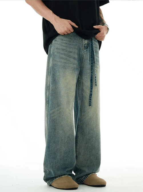 Japanese Brand Blue straight loose washed distressed belt jeans y2k Size US 32 / EU 48 - 2 Thumbnail