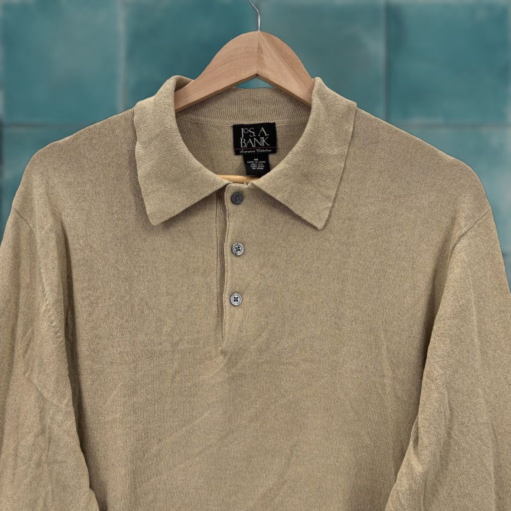 Jos. A. Bank Jos A Bank Sweater Mens Medium Tan 100% Silk Long Sleeve Polo Pullover Knit Size US M / EU 48-50 / 2 - 1 Thumbnail