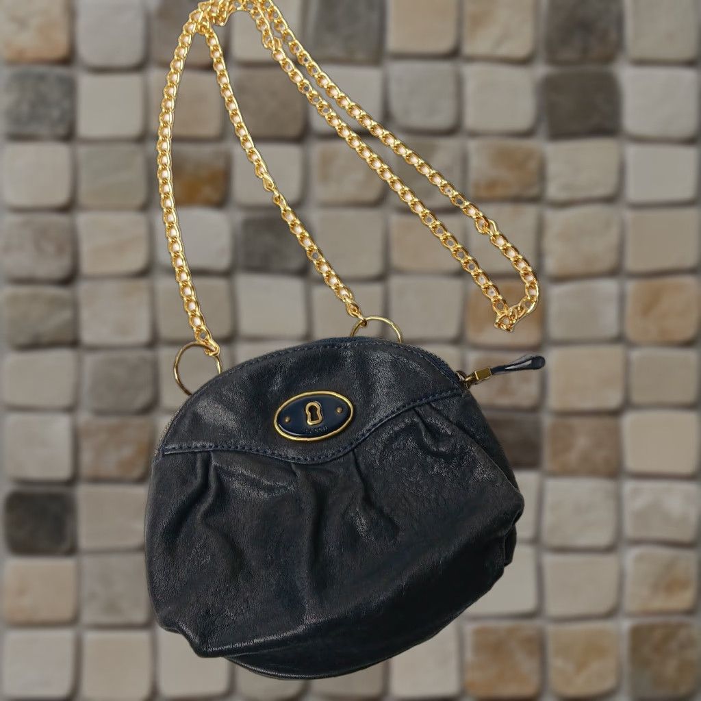 Fossil VINTAGE Fossil Women's Small Black Leather Purse Crossbody Shoulder Bag 7.5" Fancy Chain Size ONE SIZE - 1 Thumbnail