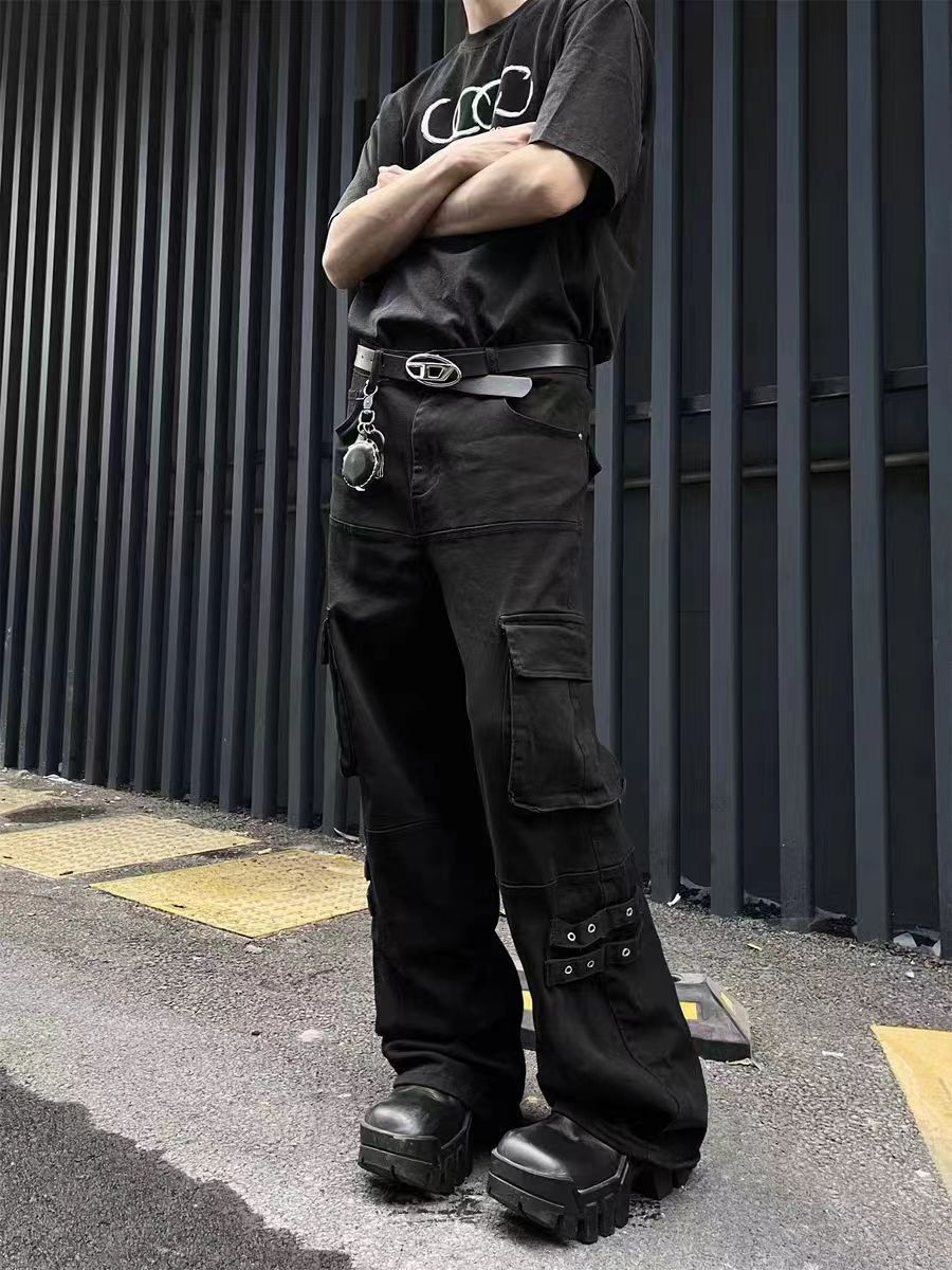 image of Black Washed Side Strap Design Work Jeans, Men's (Size 30)