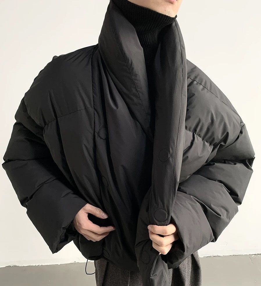 Avant garde wrap shawl collar quilted puffer jacket coat