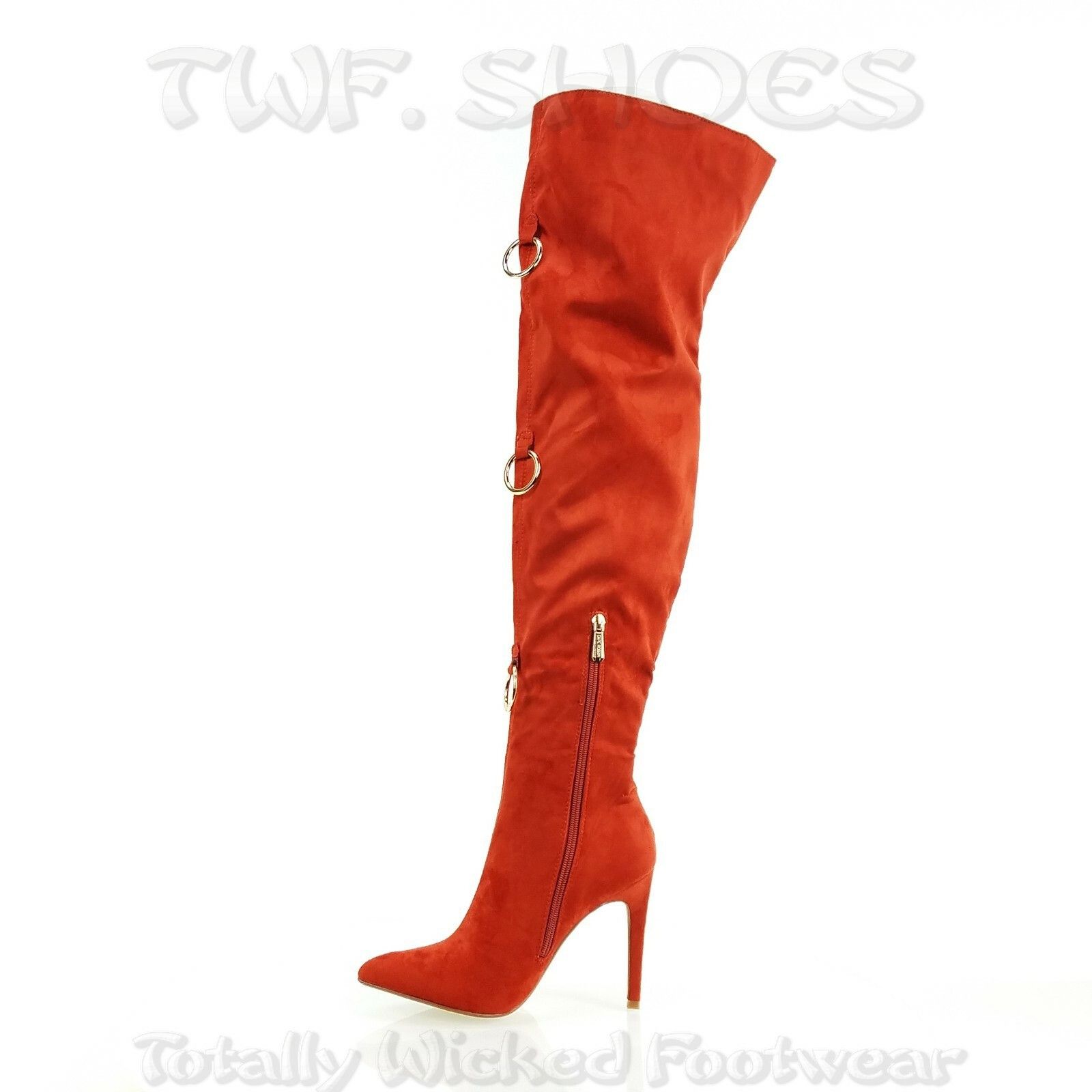 Other CR Gigi 68 Rust Red OTK Thigh Boot 4.5" High Heel Gold Bull Size US 6.5 / IT 36.5 - 6 Thumbnail