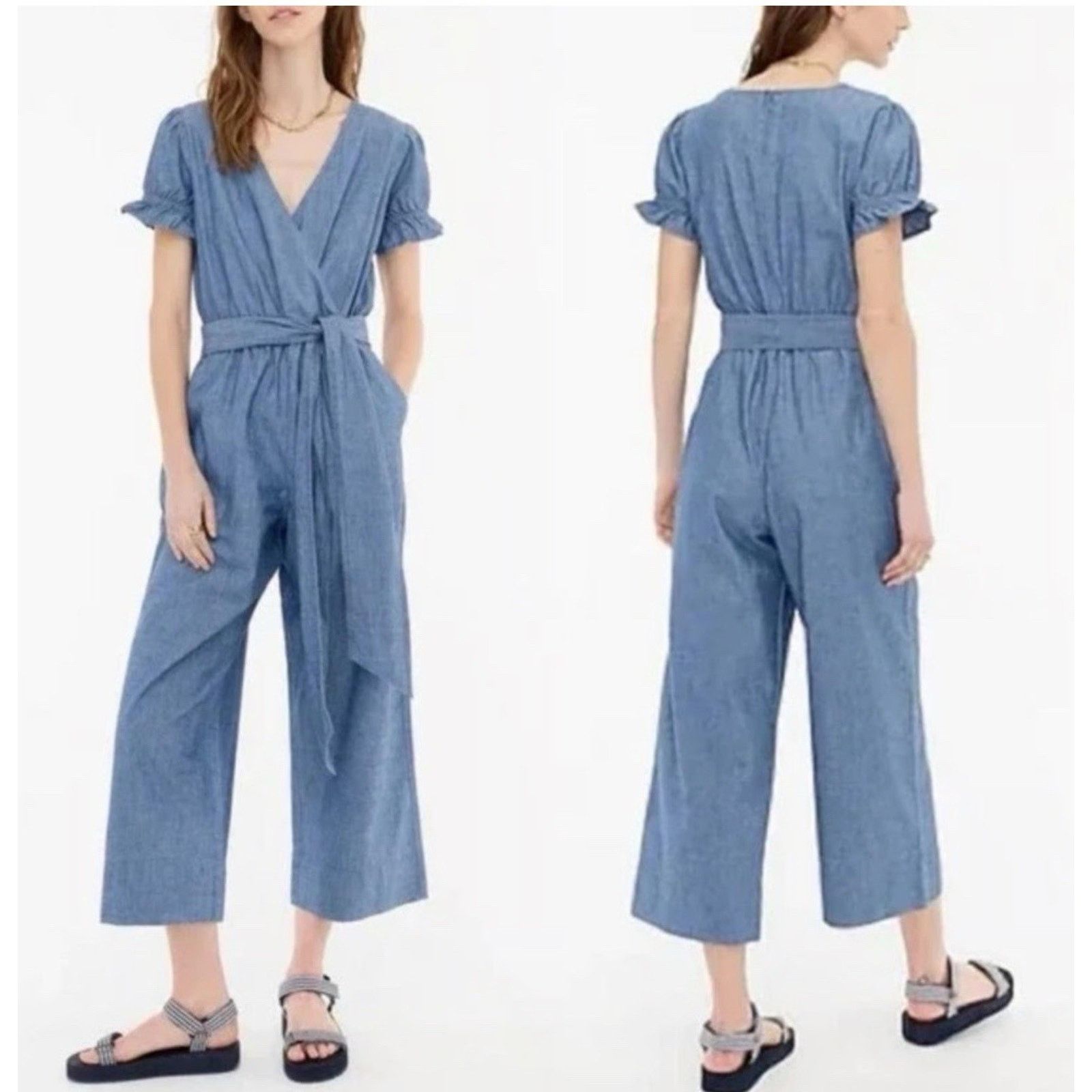 J.Crew J.Crew Ruffle Chambr Jumpsuit 2 Denim Cotton No Belt A003110 Size 26" / US 2 / IT 38 - 1 Thumbnail