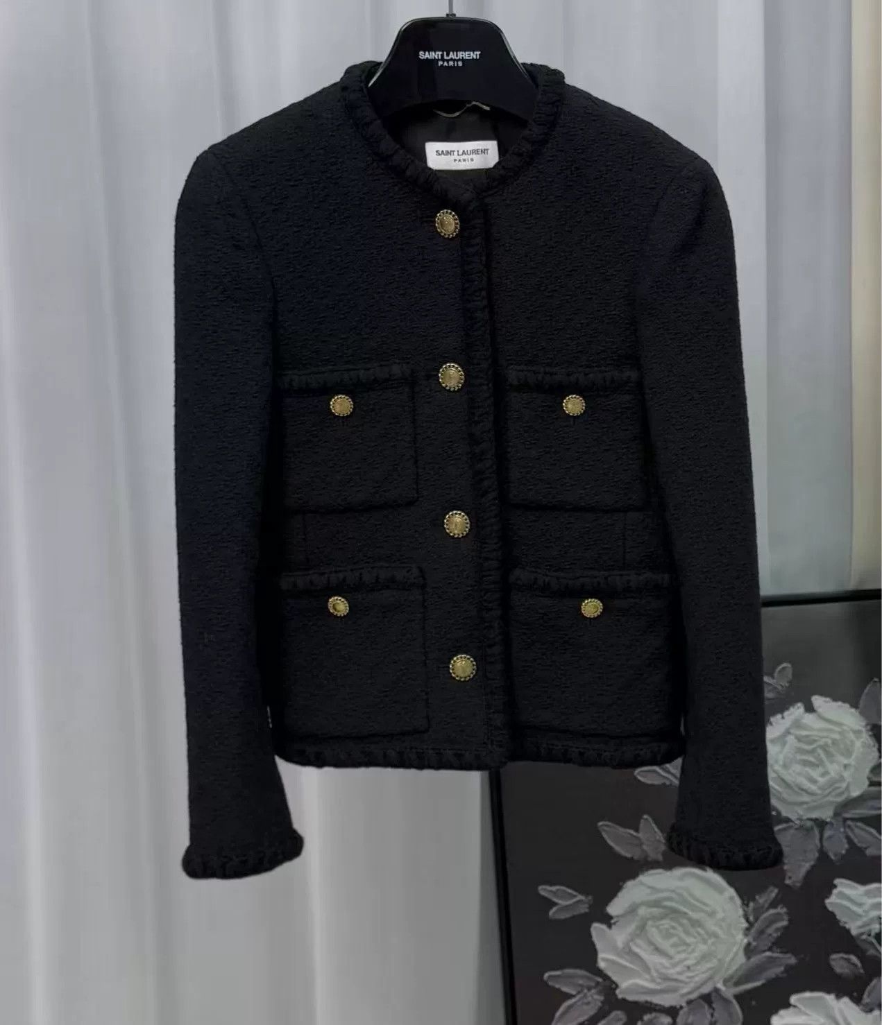 Yves Saint Laurent YSL Black Four-Pocket Gold Button Tweed Coat Size S / US 4 / IT 40 - 1 Thumbnail