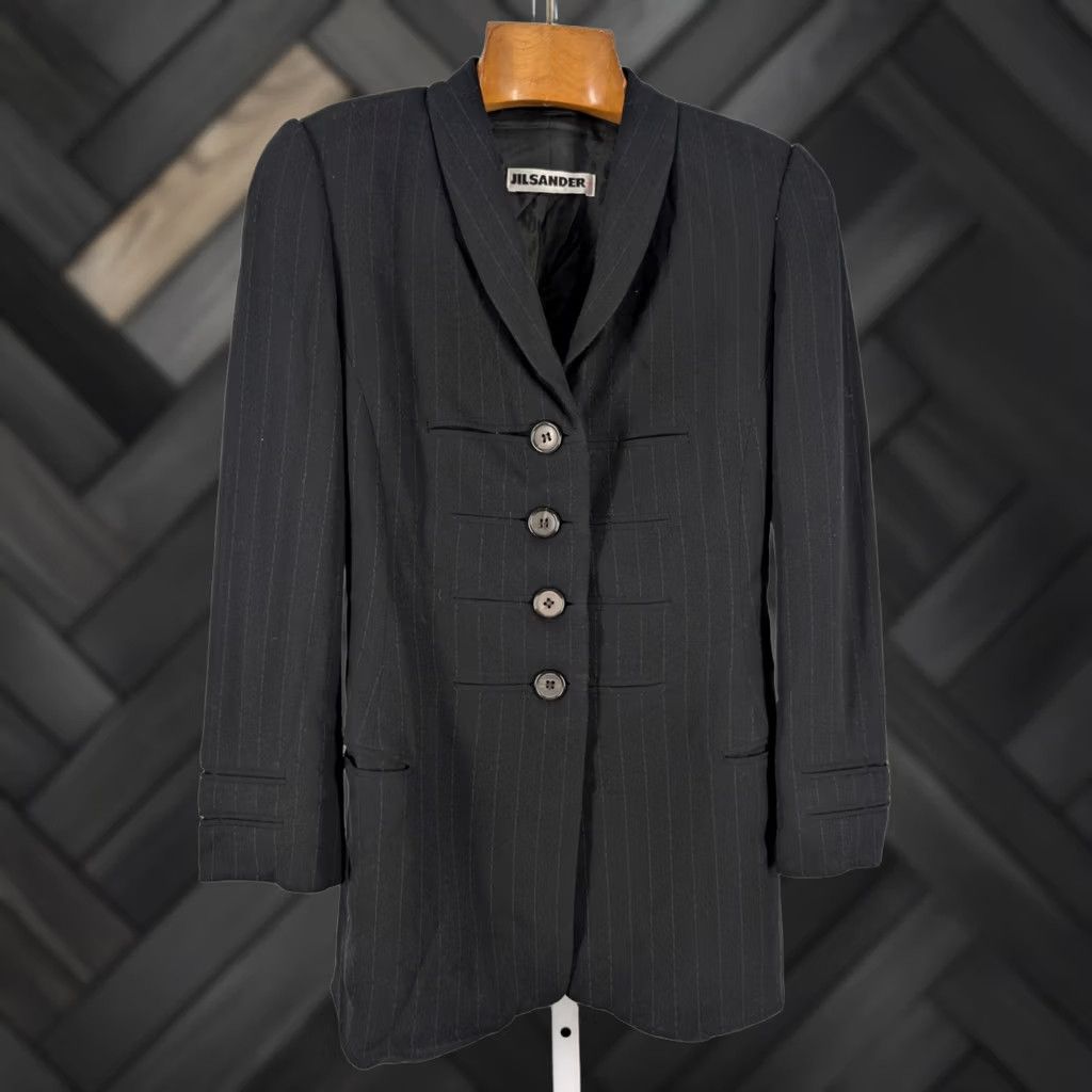 Jil Sander VINTAGE Jil Sander Blazer Jacket Wool Crepe Black Striped Long 36 Womens 90s German Party/Cocktail Business Casual Formal Travel Size XS / US 0-2 / IT 36-38 - 1 Thumbnail