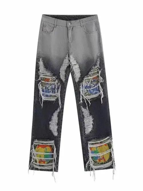Jean Embroidered Loose Straight Leg Ripped Jeans Size US 35 - 4 Thumbnail