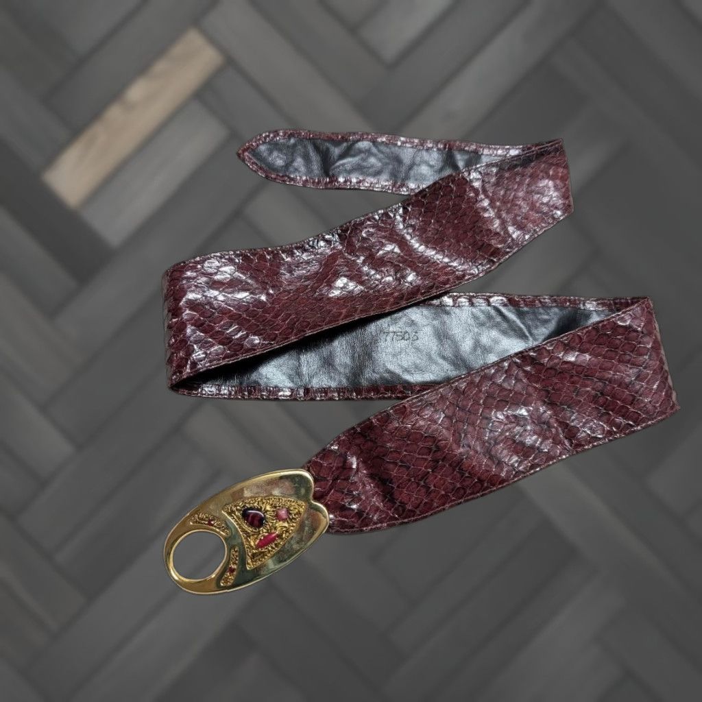 Vintage VINTAGE Morris Moskowitz GENUINE SNAKESKIN belt, Red Burgundy, M, 2.5" width, Leather, Women's, Glam, Tie Belt, 34-35 in, 1980s, Mens? Womens Size M / US 6-8 / IT 42-44 - 1 Thumbnail