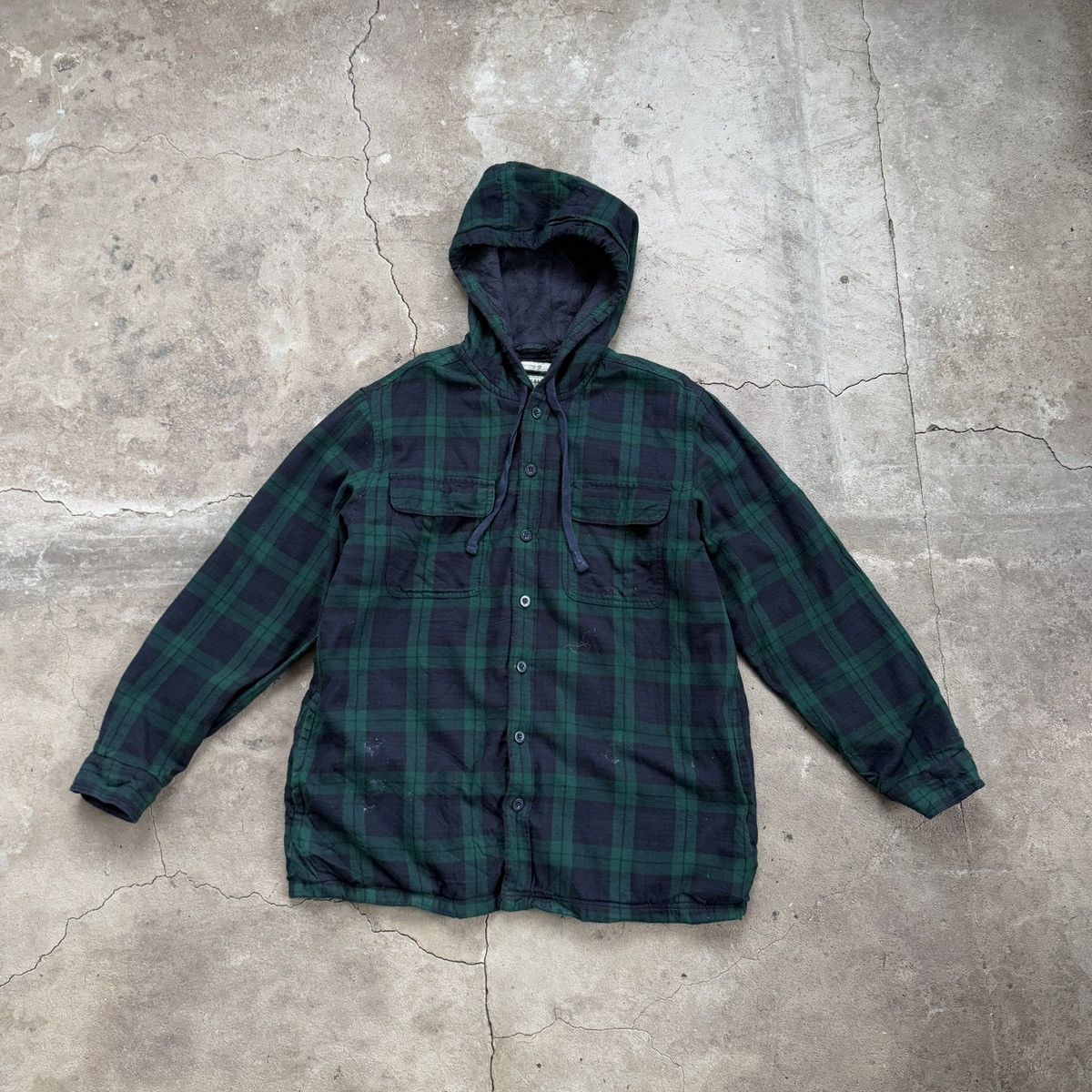 Green Plaid Flannel Hooded Overshirt