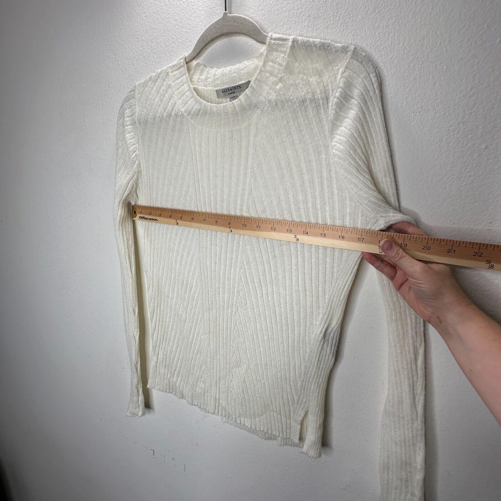 Allsaints Allsaints Cream Ribbed Long Sleeve Round Neck Thin Sweater L Size L / US 10 / IT 46 - 6 Thumbnail