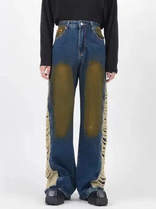 Retro distressed patchwork design tassel jeans
