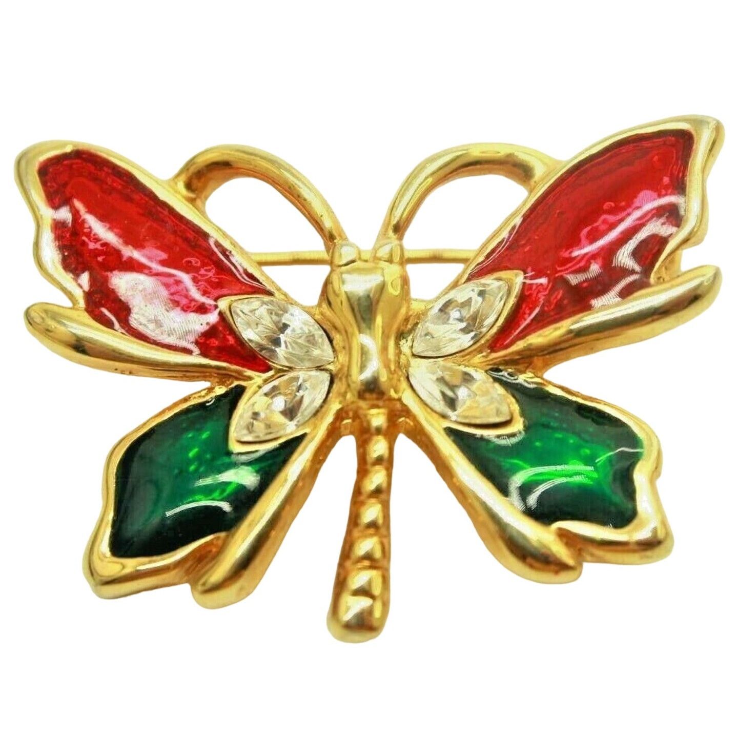 Other Vintage Red Green Enamel Goldtone Rhinestone Butterfly Pin Size ONE SIZE - 1 Thumbnail
