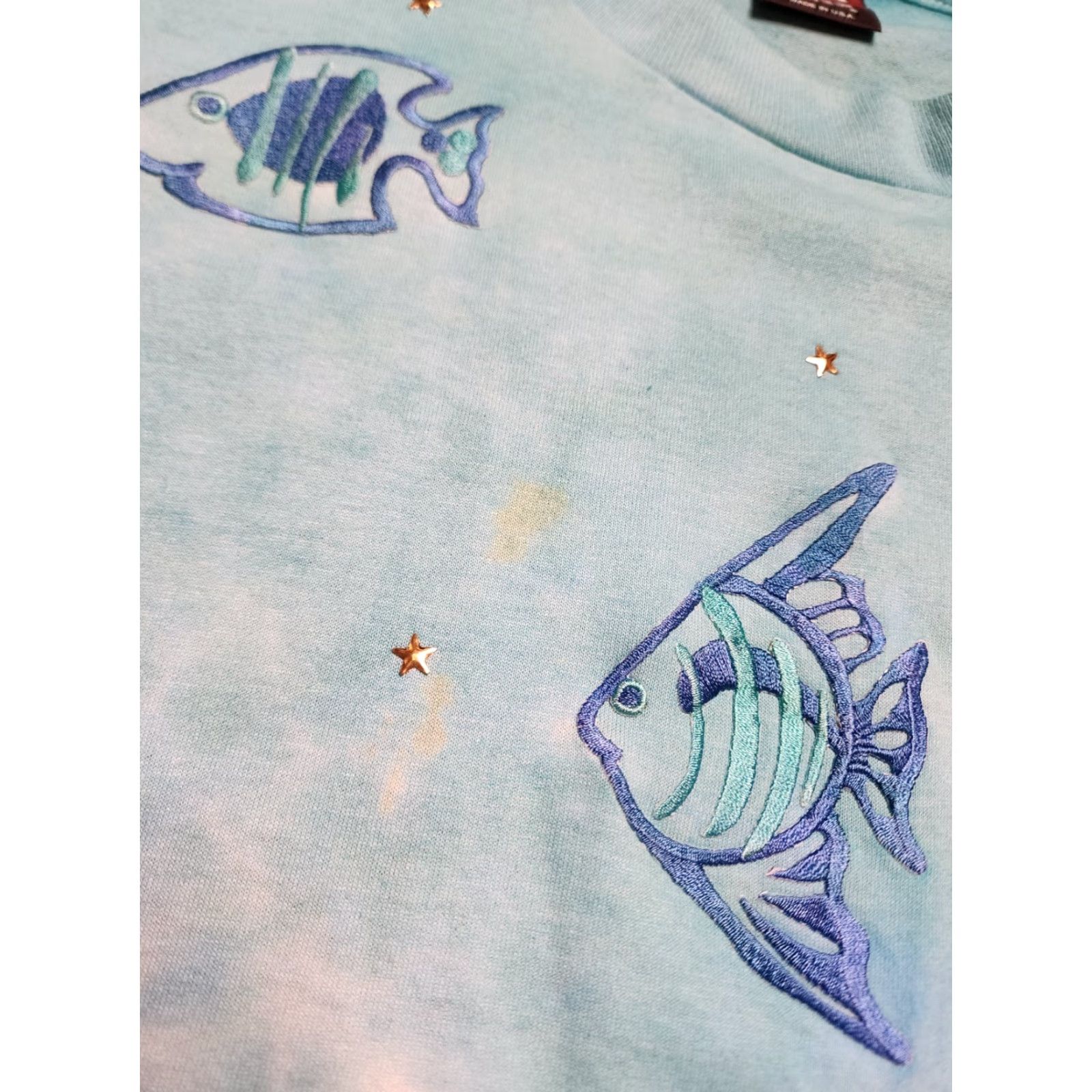 Fruit Of The Loom VINTAGE Fruit of the Loom Men's L Fish Embroidered Tie Dye T-Shirt 1980s Crew Neck Cotton All Seasons Size US L / EU 52-54 / 3 - 5 Thumbnail