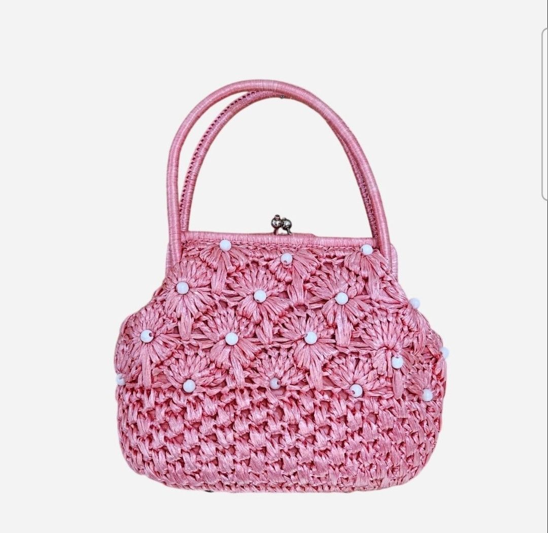 Vintage 50s 60s cottagecore coquette pink white raffia handbag Size ONE SIZE - 1 Thumbnail