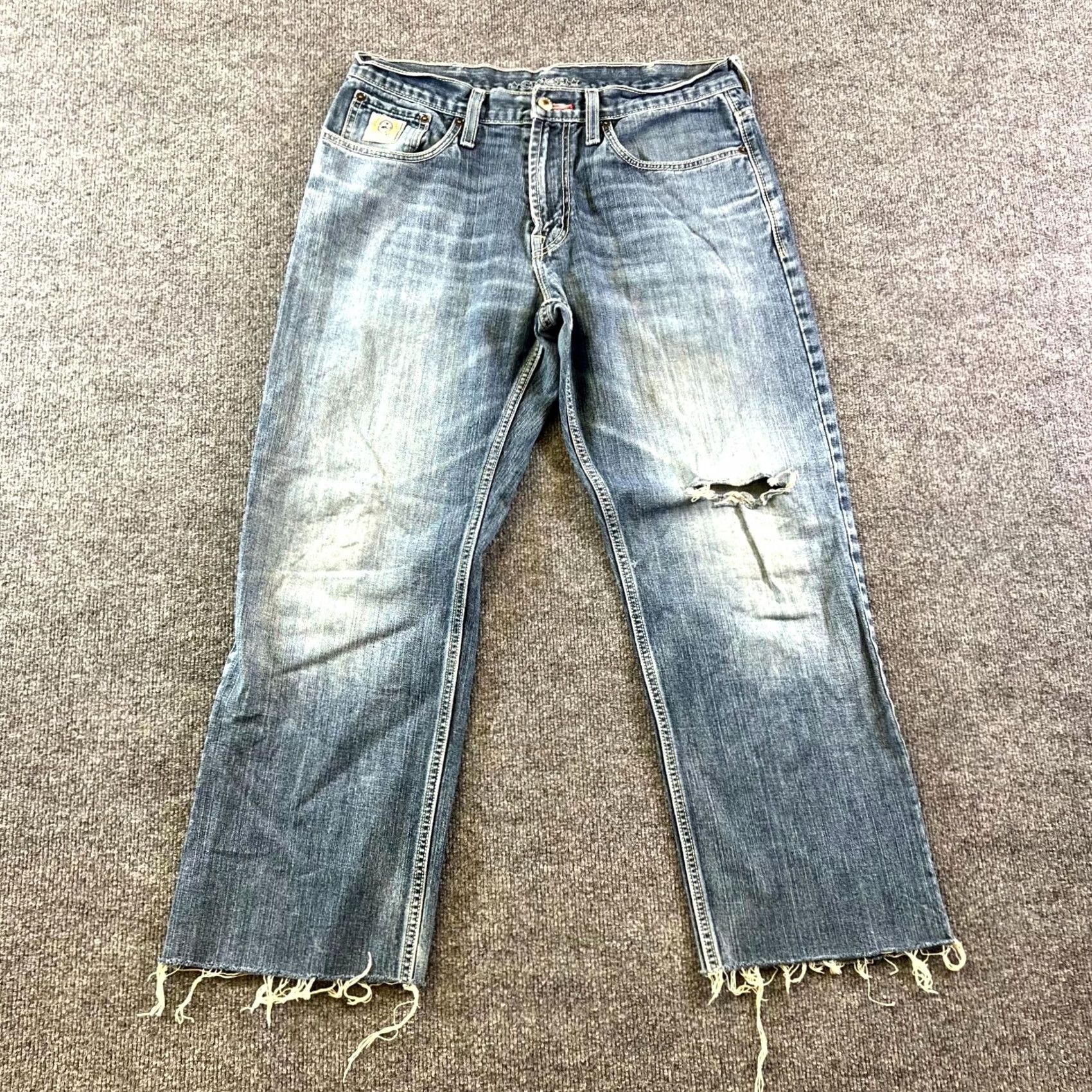 Denime Cinch Jeans Mens 34x34 Blue Denim Distressed Raw Hem Straight Whiskering Grunge Jeans Mens Blue 34x34 Grunge Distressed Denim Size US 34 / EU 50 - 2 Thumbnail