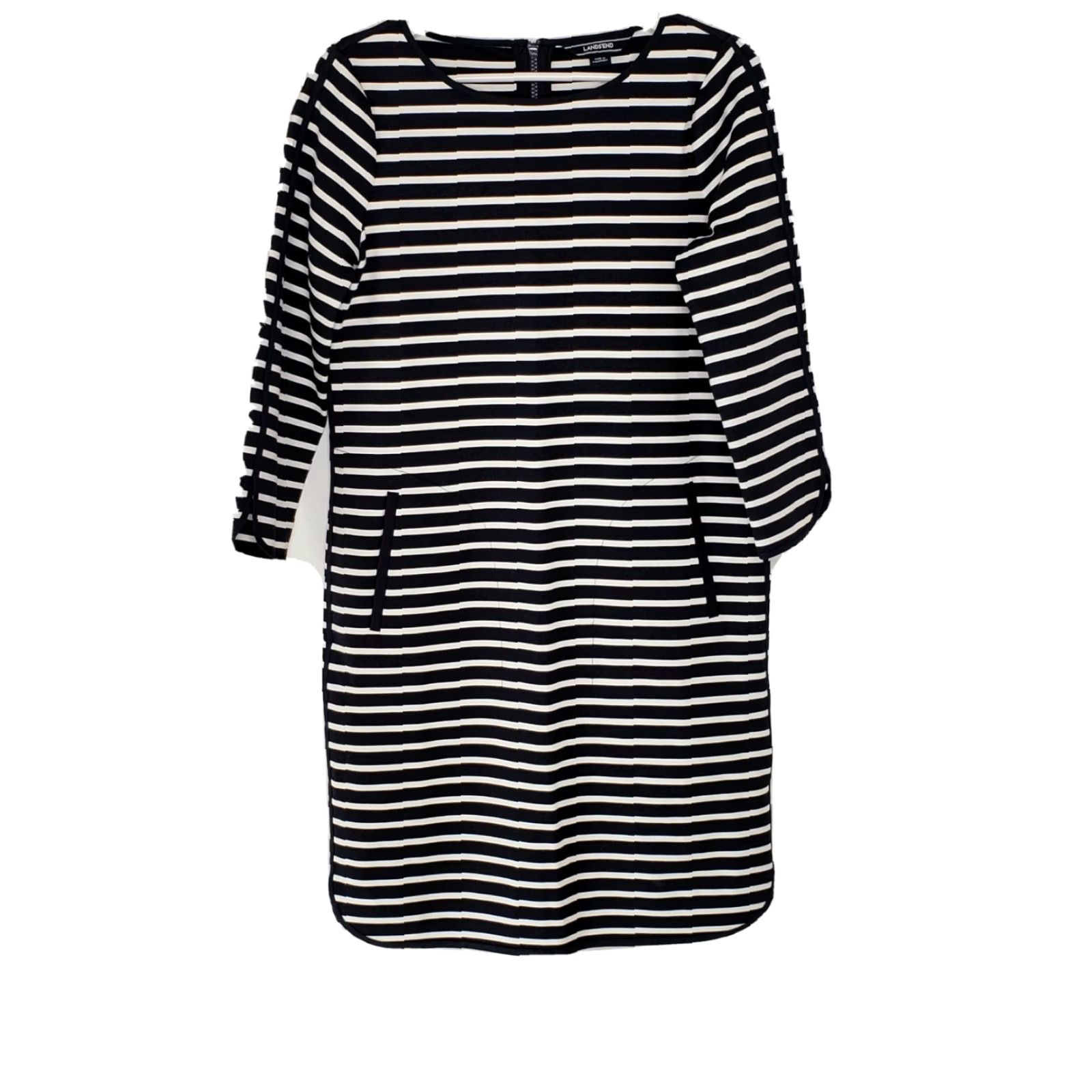 Lands' End Lands’ End Dress Navy White Stripe 3/4 Sleeve Boat Neck Shift Knee Length Pockets Sz 4 Womens Size S / US 4 / IT 40 - 2 Thumbnail