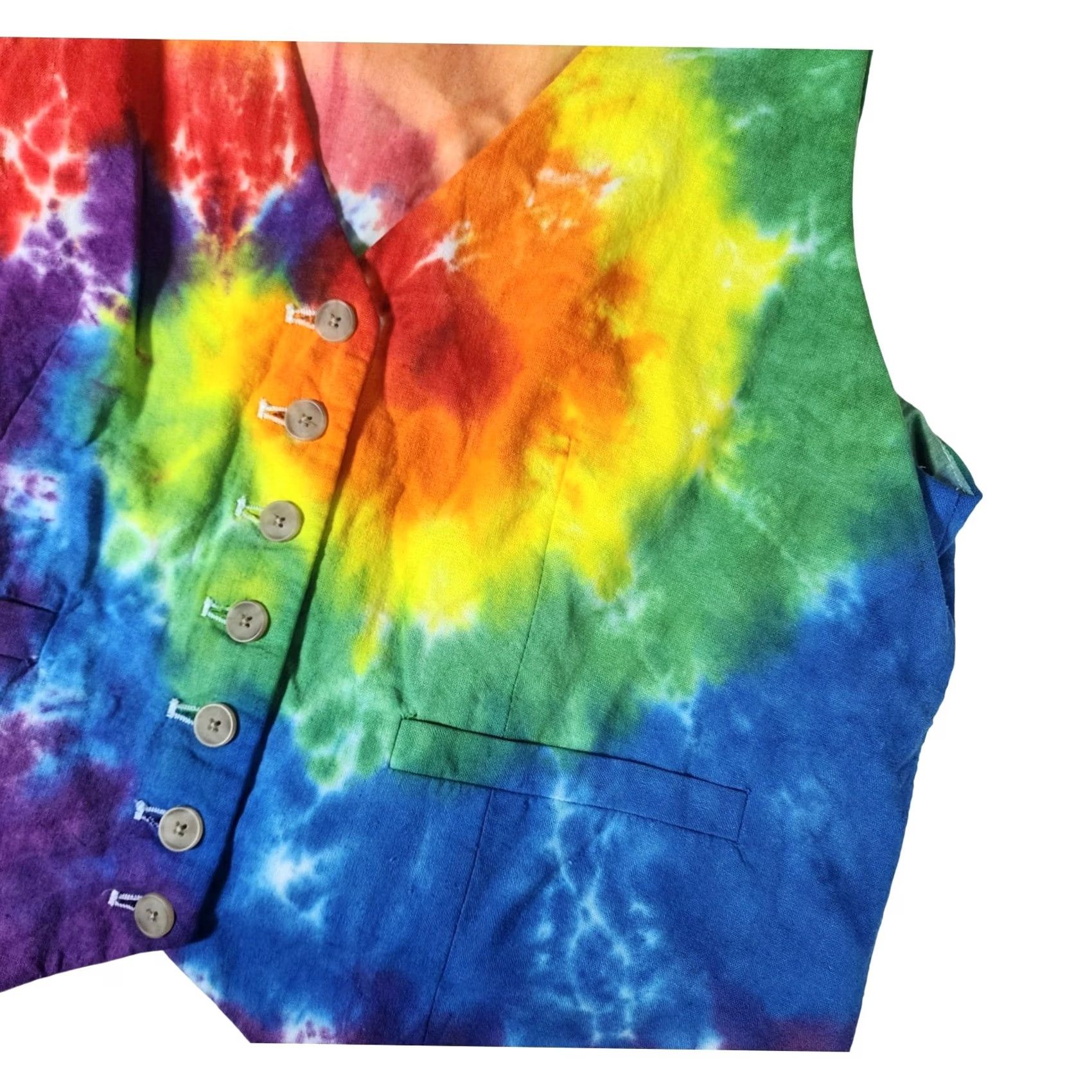 A New Day Vest Adult Large Multicolor Rainbow Tie Dye Linen Blend Button Front
