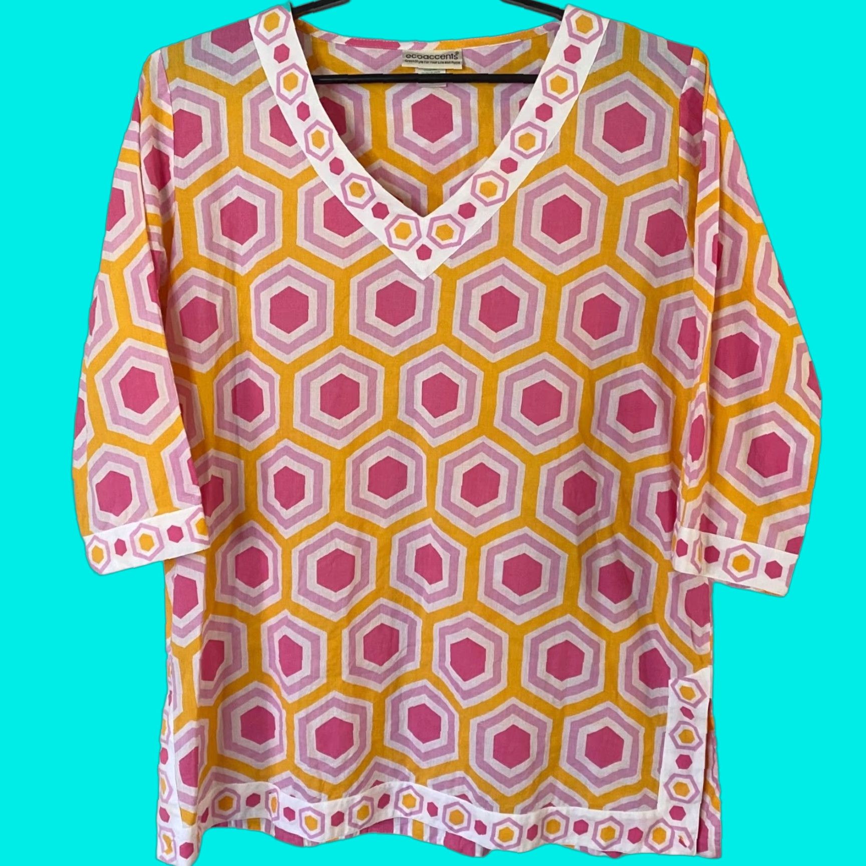 Vintage Ecoaccents Geometric V-Neck Tunic 3/4 Sleeve Printed Top Women's XL Orange Pink Blouse Size XL / US 12-14 / IT 48-50 - 1 Thumbnail