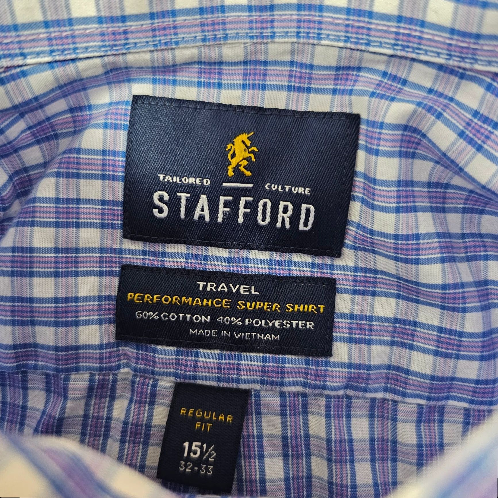 Stafford Stafford Dress Shirt Mens 15.5 32/33 Blue Check Travel Performance Super Shirt Size 42R - 4 Thumbnail