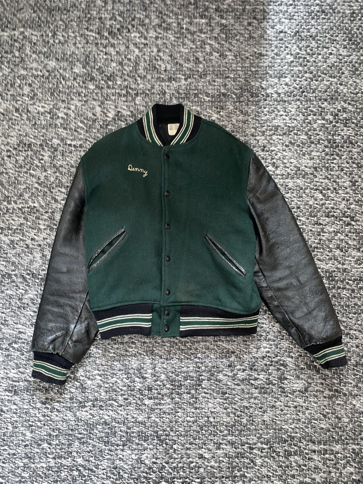 image of 1960's Black / Green Vintage Varsity Jacket, Men's (Size Small)