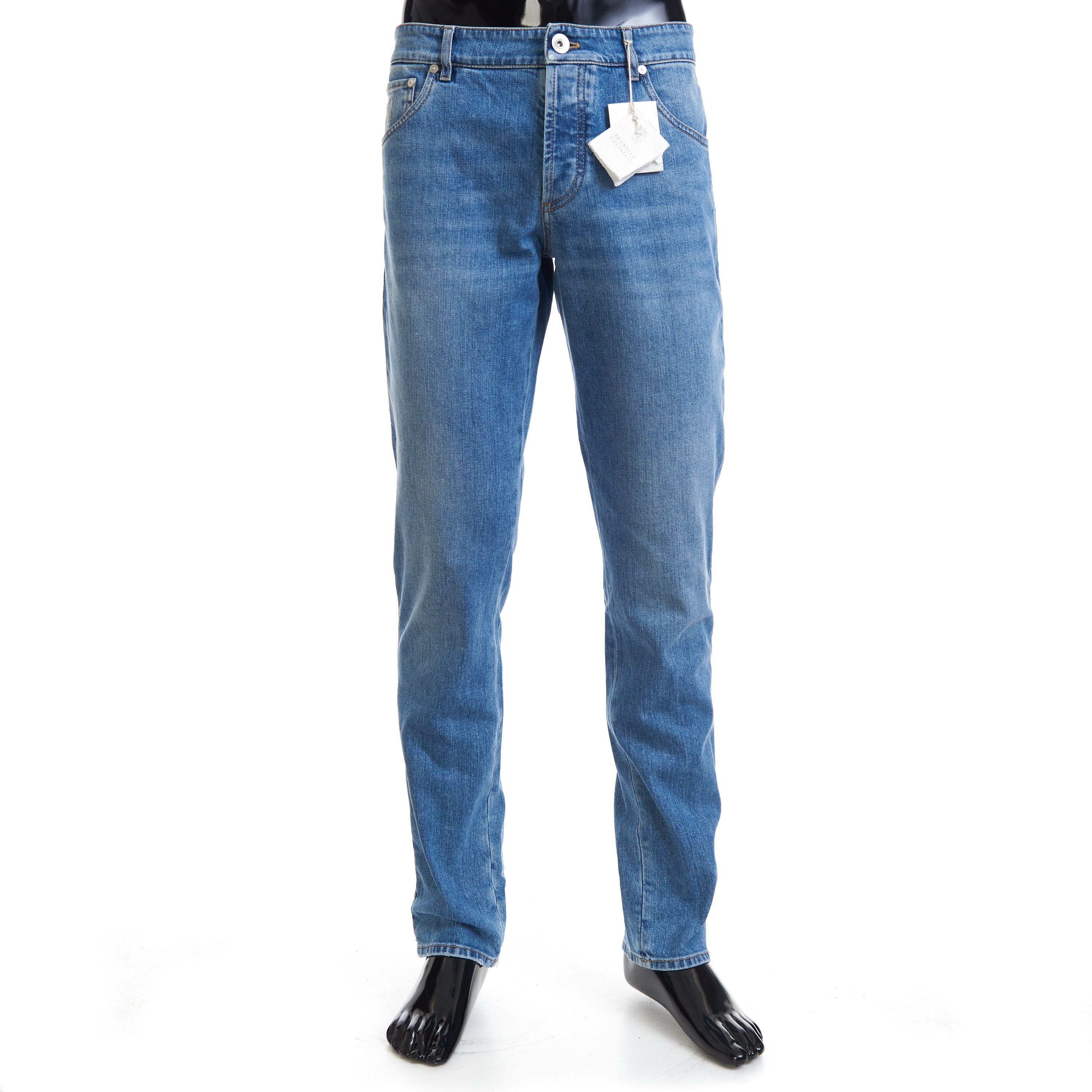image of Brunello Cucinelli Slim Fit Five Pocket Jeans Trousers In Light Blue Denim, Men's (Size 32)