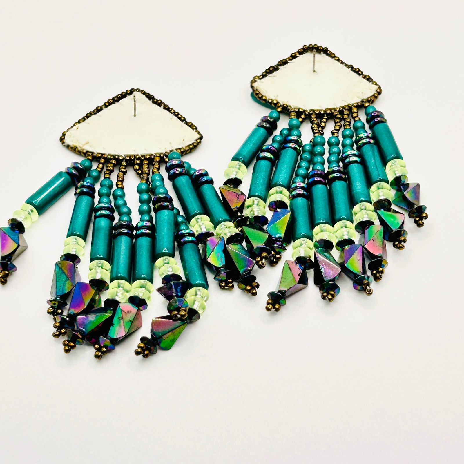 Handmade Vintage 80s Teal Turquoise Beaded Fringe Statement Earrings Size ONE SIZE - 5 Thumbnail