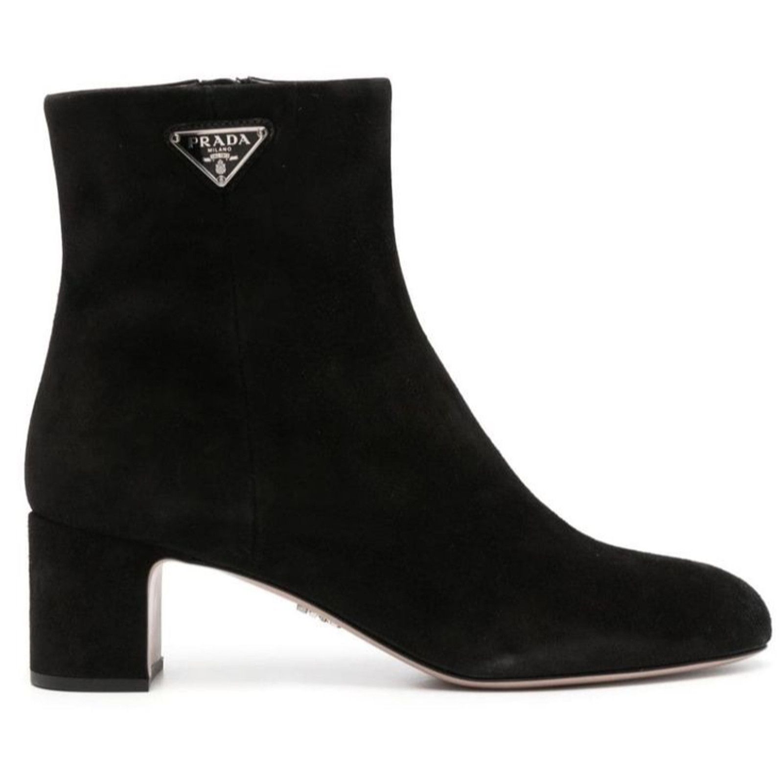 Prada 55MM Tronch Black Suede Silver Logo Short Ankle