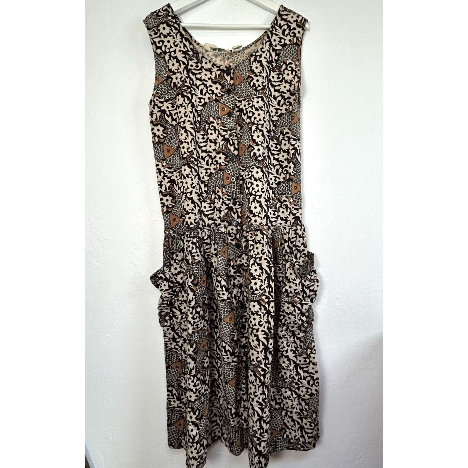 Vintage VINTAGE Organically Made Sleeveless Floral & Fish Print Midi Dress M/L Brown Women Dress Size M / US 6-8 / IT 42-44 - 2 Thumbnail