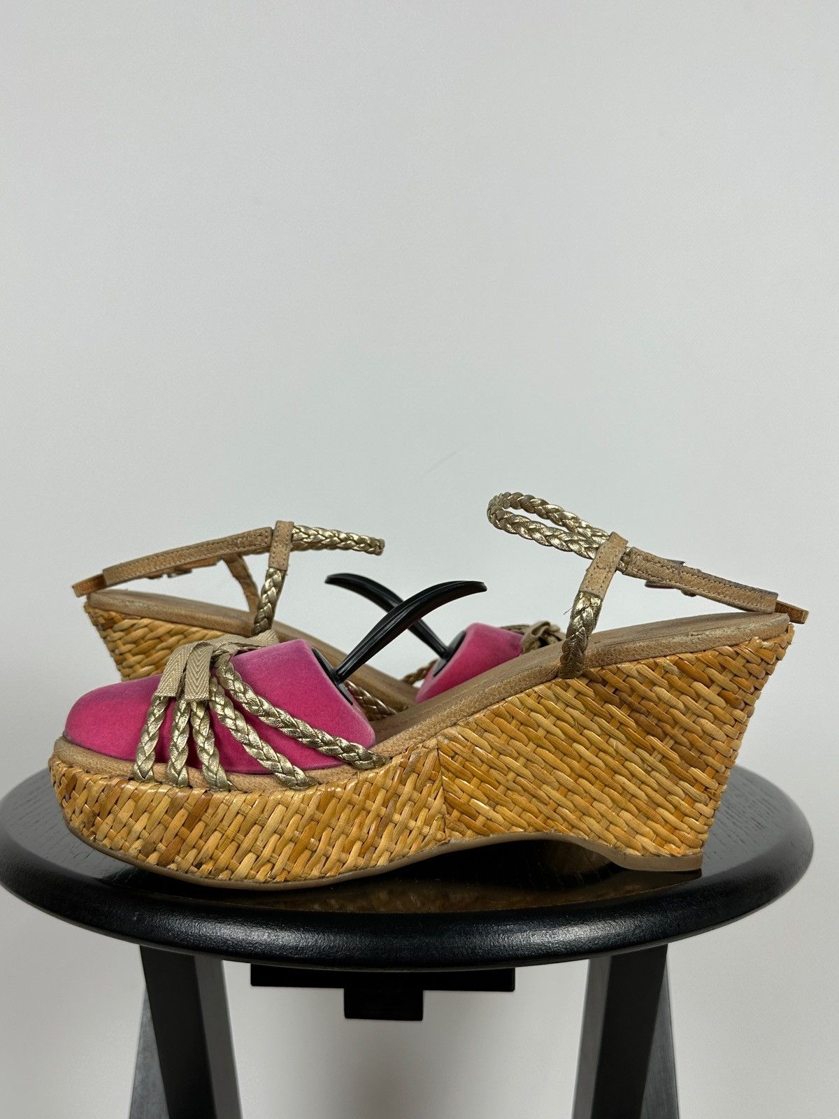 Prada Prada Braided Leather Woven Raffia Wedge Ankle Strap Sandals Size US 9.5 / IT 39.5 - 7 Thumbnail