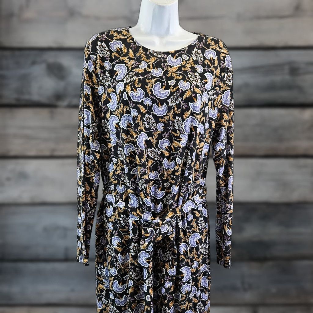 Garnet Hill Womens Linden Knit Column Maxi Dress Large Black Purple Floral