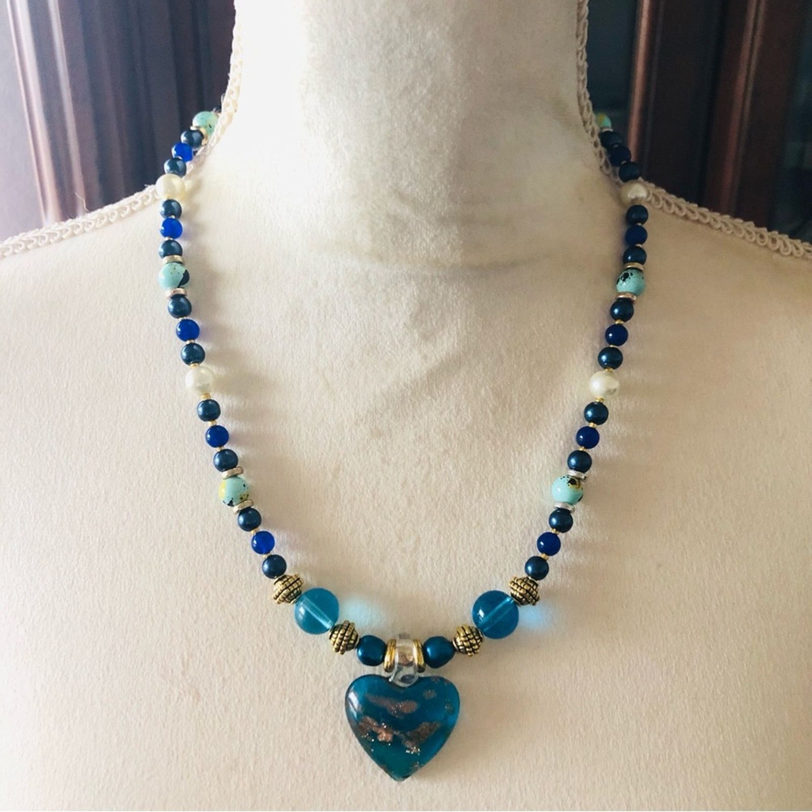 Handmade Handcrafted repurpose dichroic heart lazurite necklace Size ONE SIZE - 2 Thumbnail