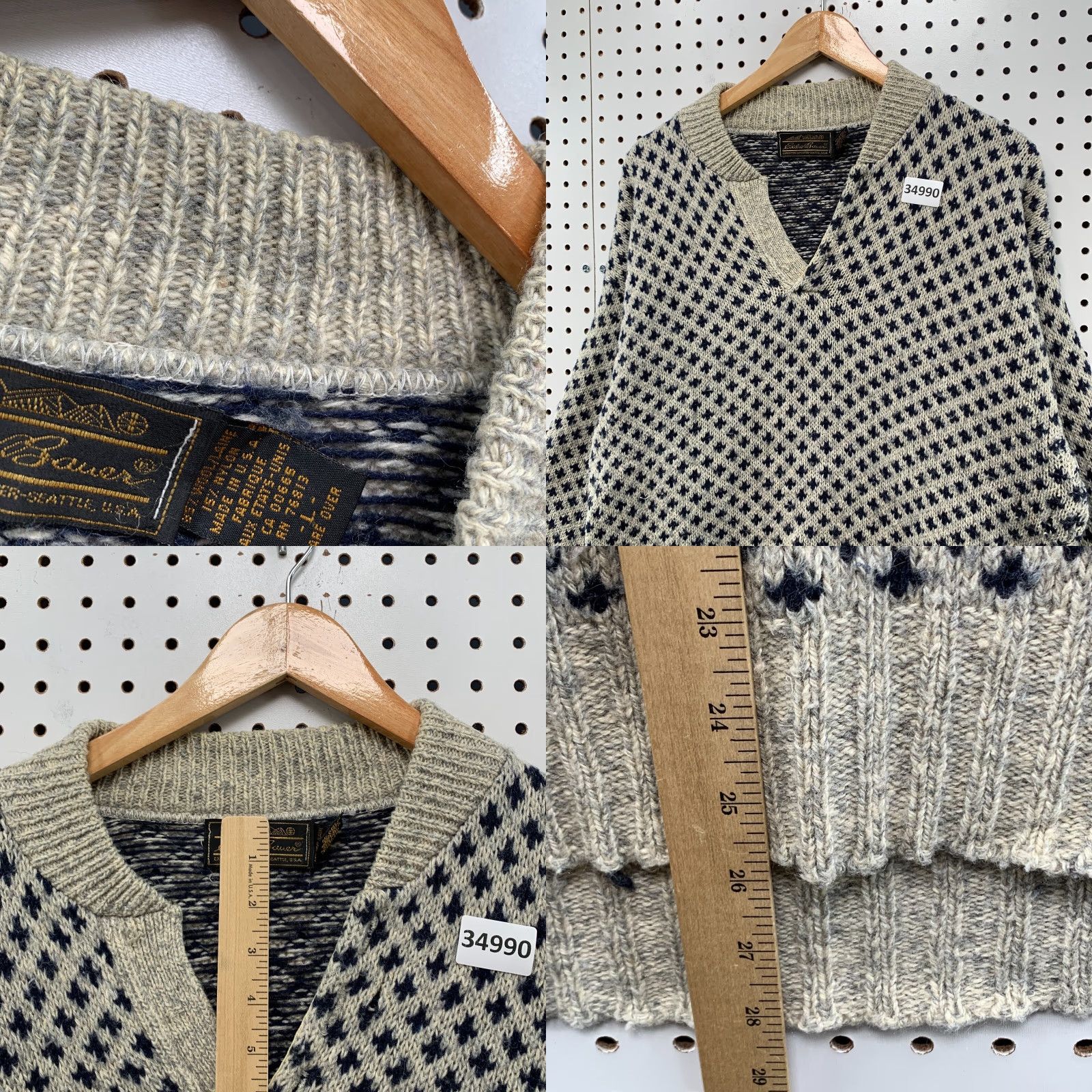 VINTAGE Eddie Bauer Sweater Mens Large Henley Gray Wool Made USA 