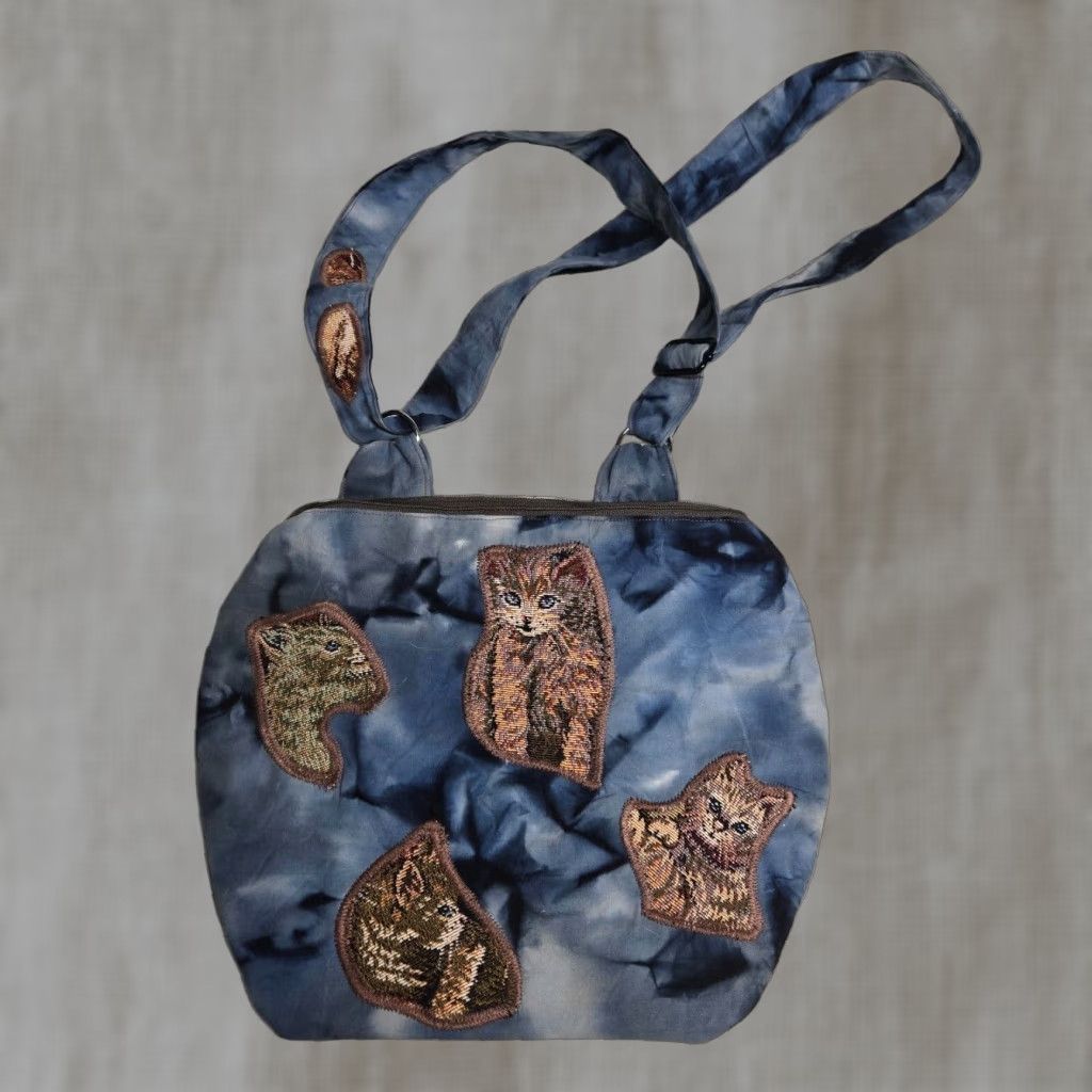 Vintage Blue Cotton Shoulder Bag Medium Size Cat Animal Print Purse Womens Size ONE SIZE - 1 Thumbnail