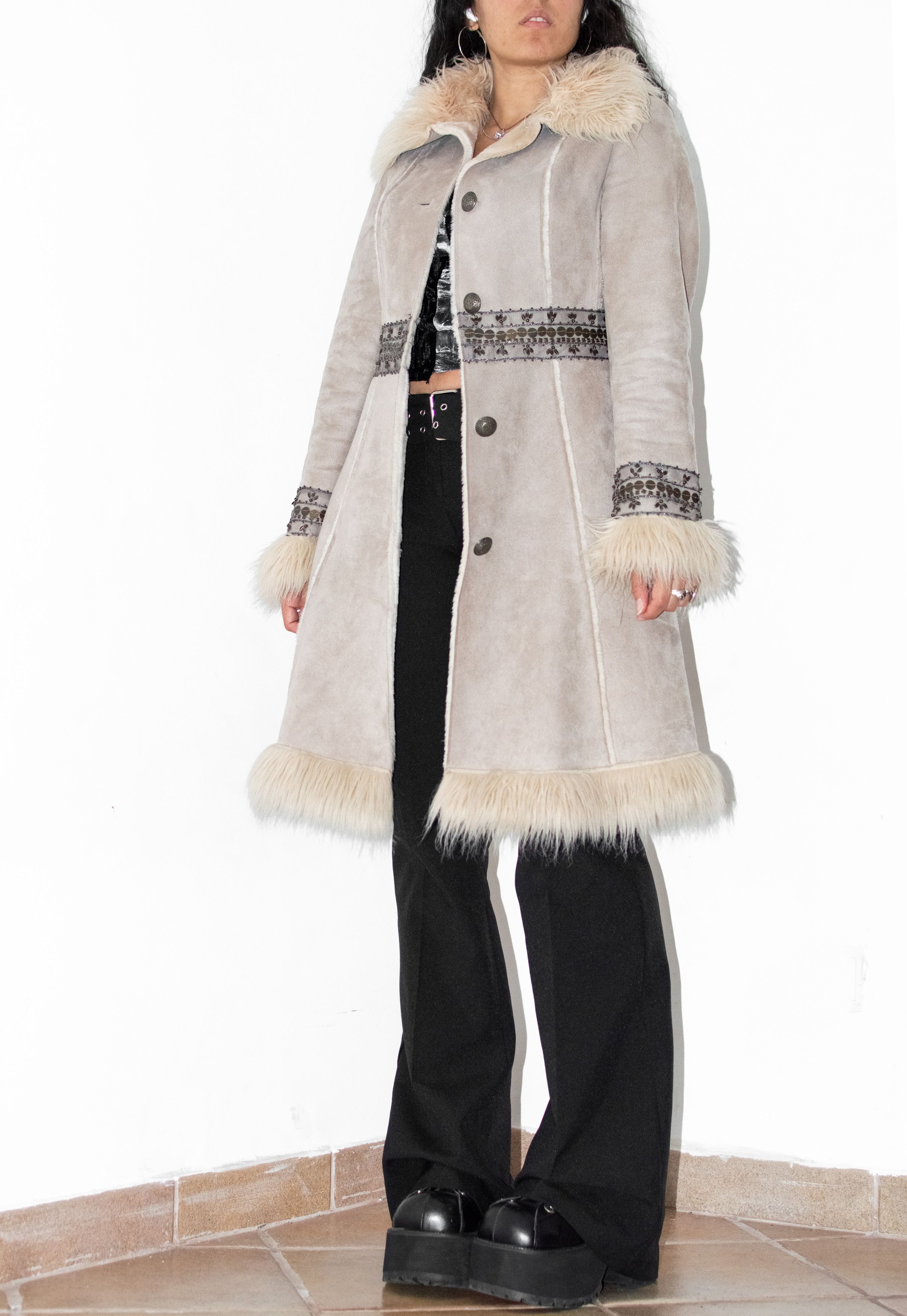 Vintage Y2k Beige Embroidery Faux Fur Penny Lane Coat Size S / US 4 / IT 40 - 4 Thumbnail