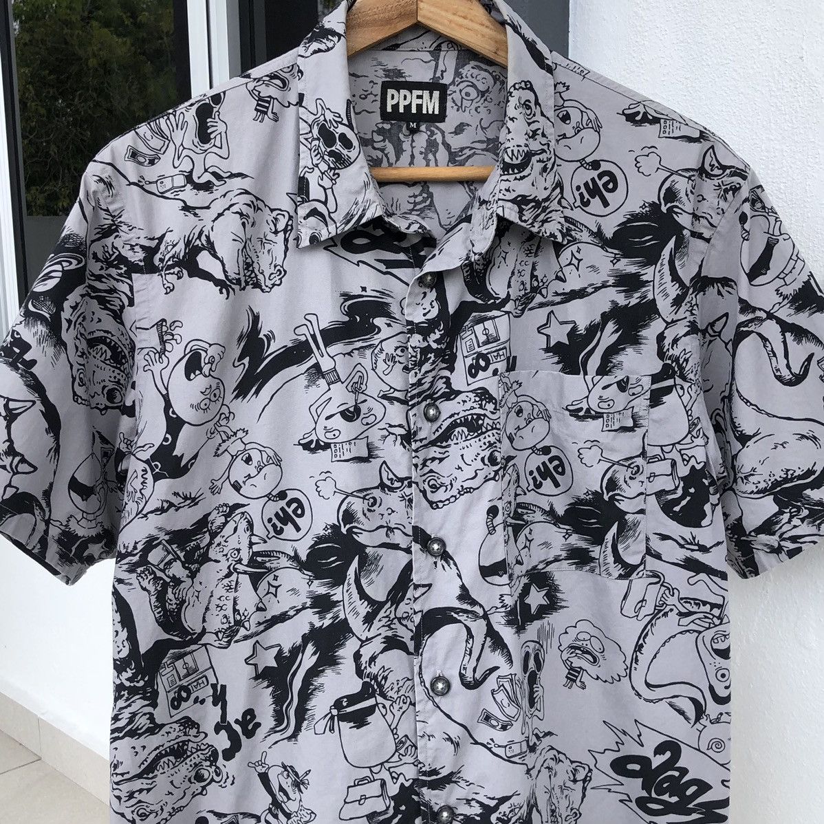 PPFM PPFM Mens Grey & Black All Over Printed Short Sleeve Shirt Size US M / EU 48-50 / 2 - 4 Thumbnail