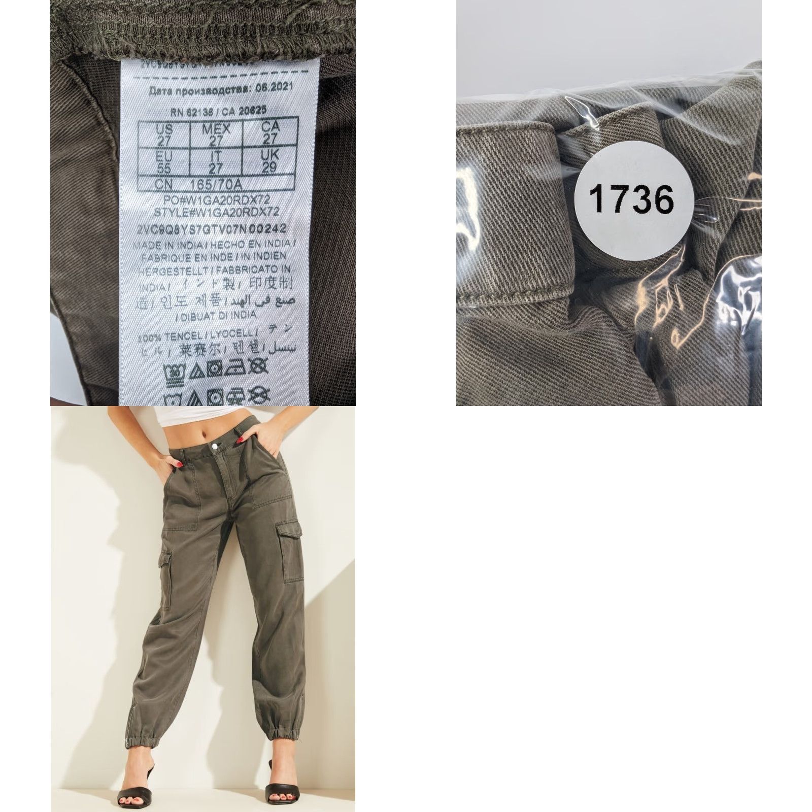 Guess GUESS Women Chino Pants Cargo Pockets Straight Leg Tencel Asphalt Green Size 27 Size 27" / US 4 / IT 40 - 9 Thumbnail